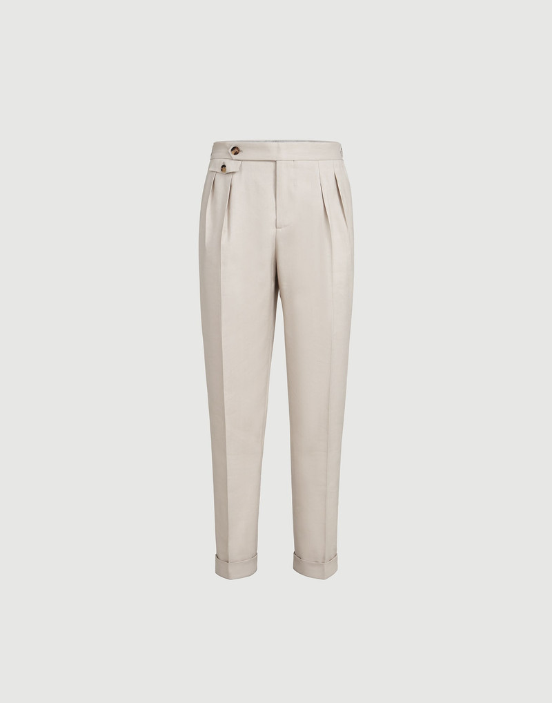 Linen, virgin wool and mohair gabardine trousers with double pleats and waist tabs 1