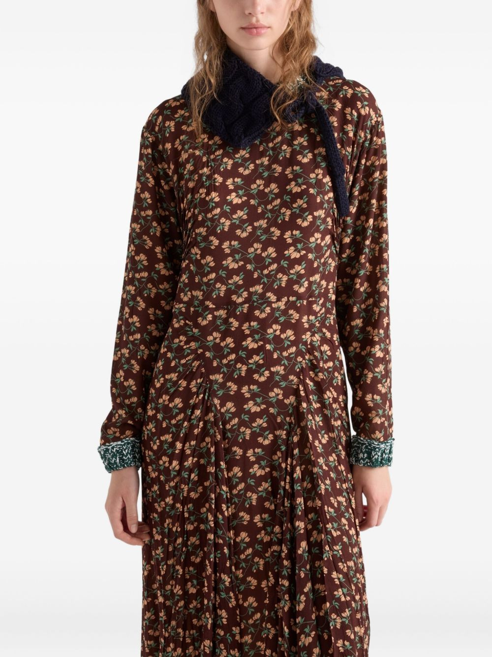 floral-print pleated knit-trim midi dress - 4