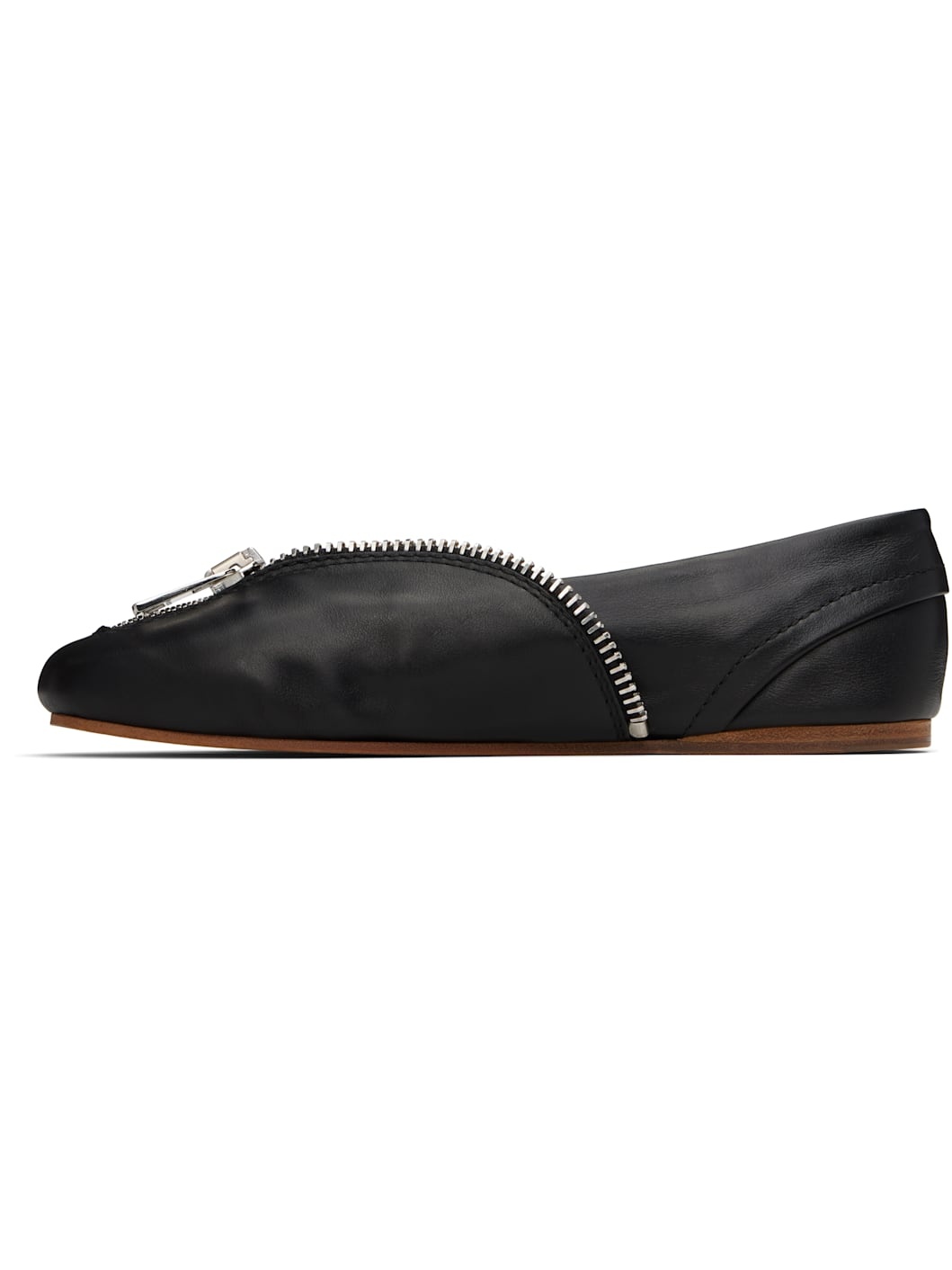 Black Biker Zip Leather Ballerina Flats - 3
