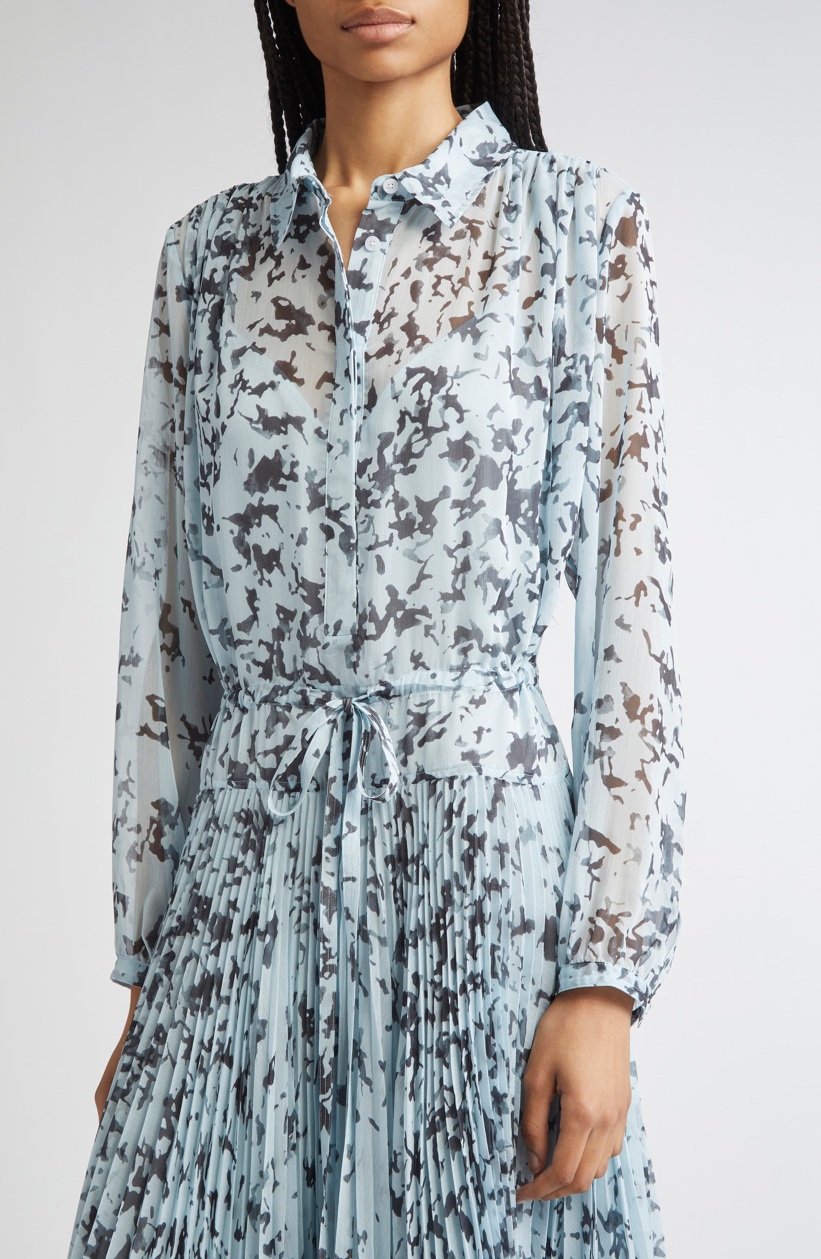 Proenza Schouler Jones Long Sleeve Pleated Crinkle Chiffon Shirtdress in Sky Blue Multi at Nordstrom - 4
