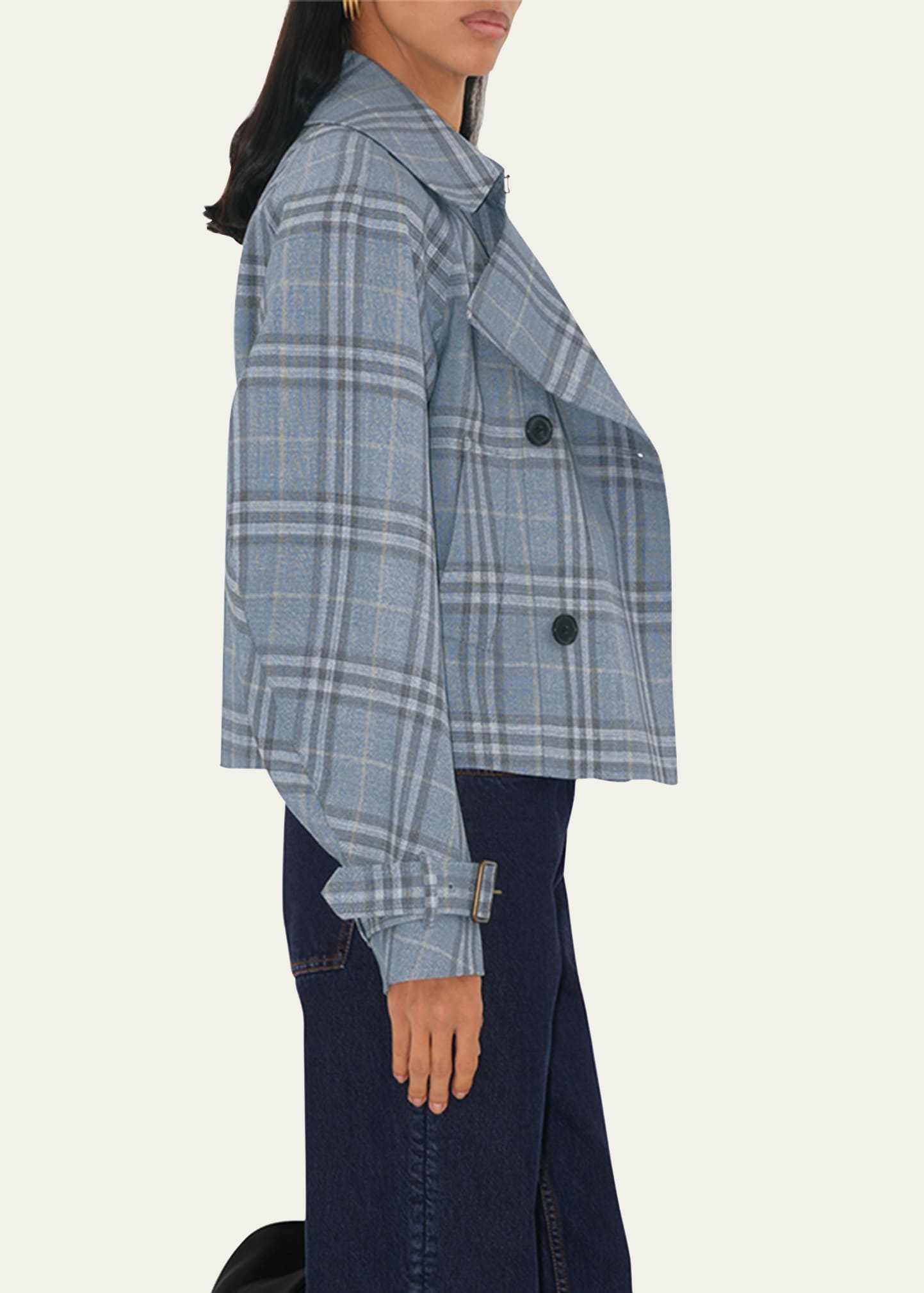 Check Double-Breasted Short Trench Coat - 4