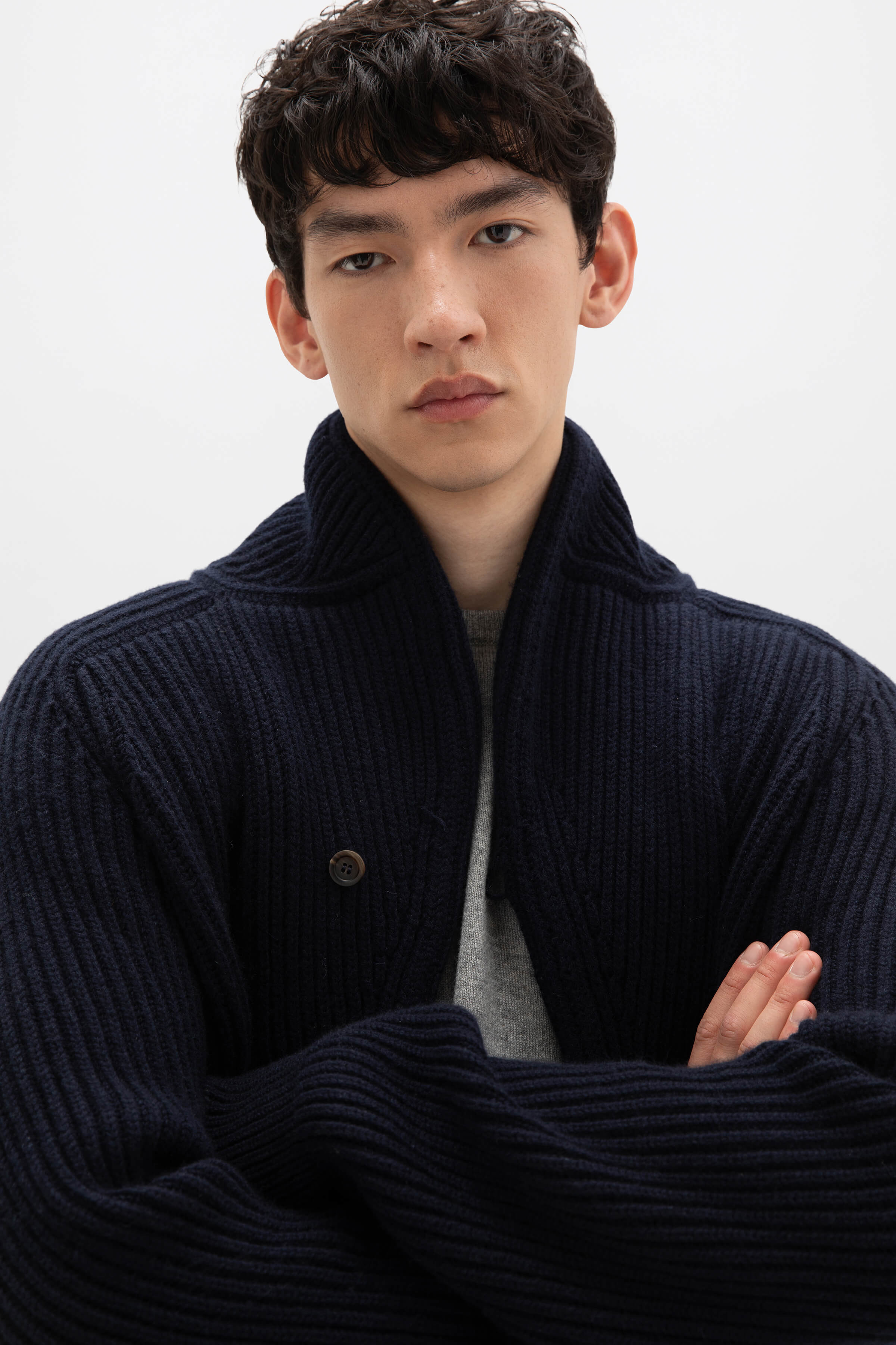 Shawl Collar Navy Cashmere Cardigan - 8
