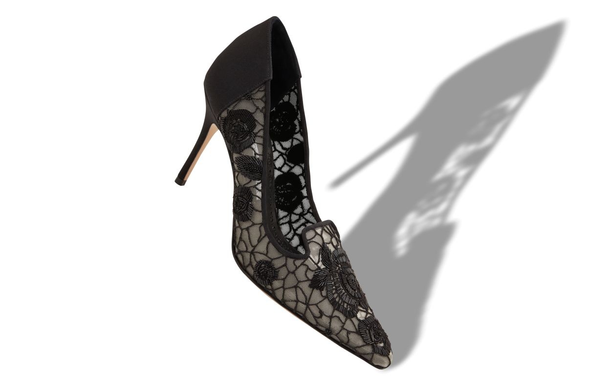 Black Mesh Floral Detail Pumps - 2
