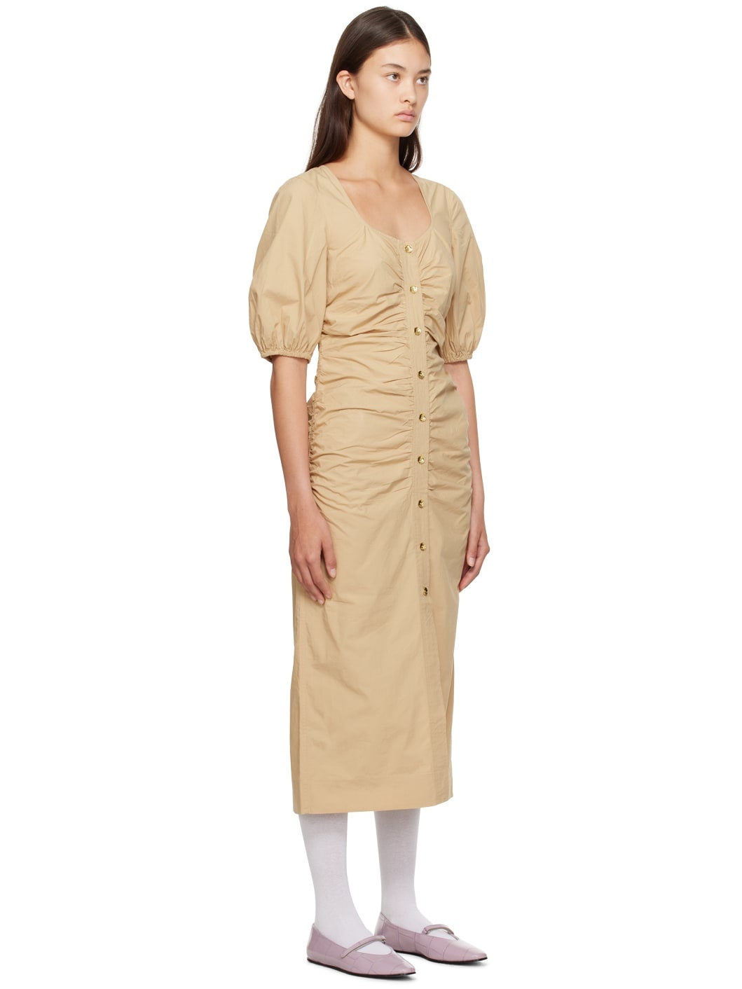 Beige Gathered Maxi Dress - 2