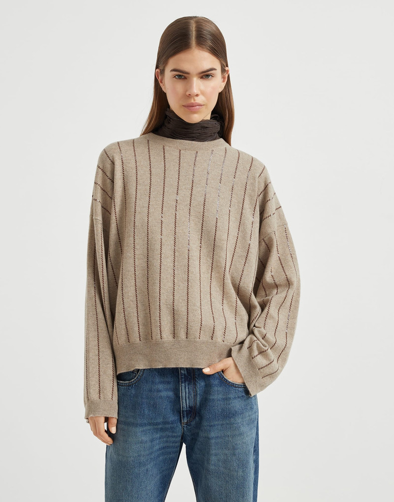 Cashmere sweater with dazzling chalk stripe embroidery 1
