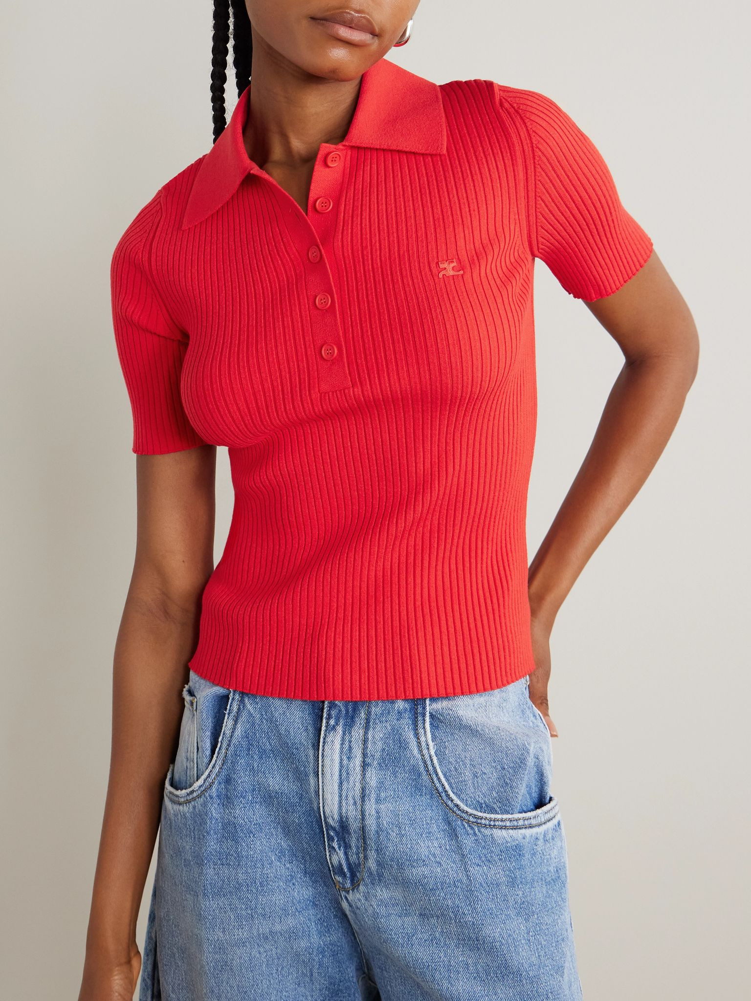 Ribbed-knit polo shirt Red - 3