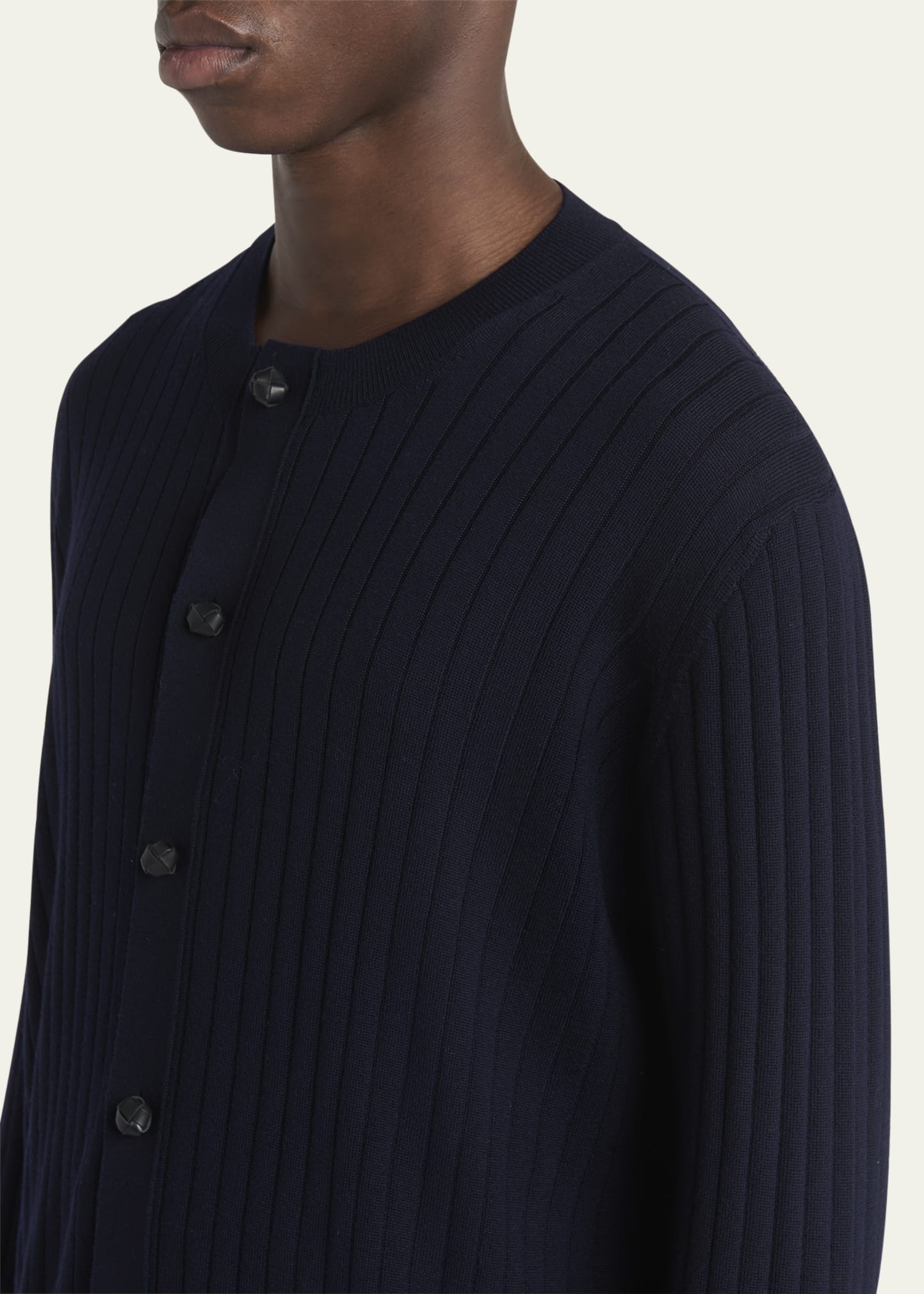 Men's Ribbed Wool Cardigan with Leather Buttons - 5