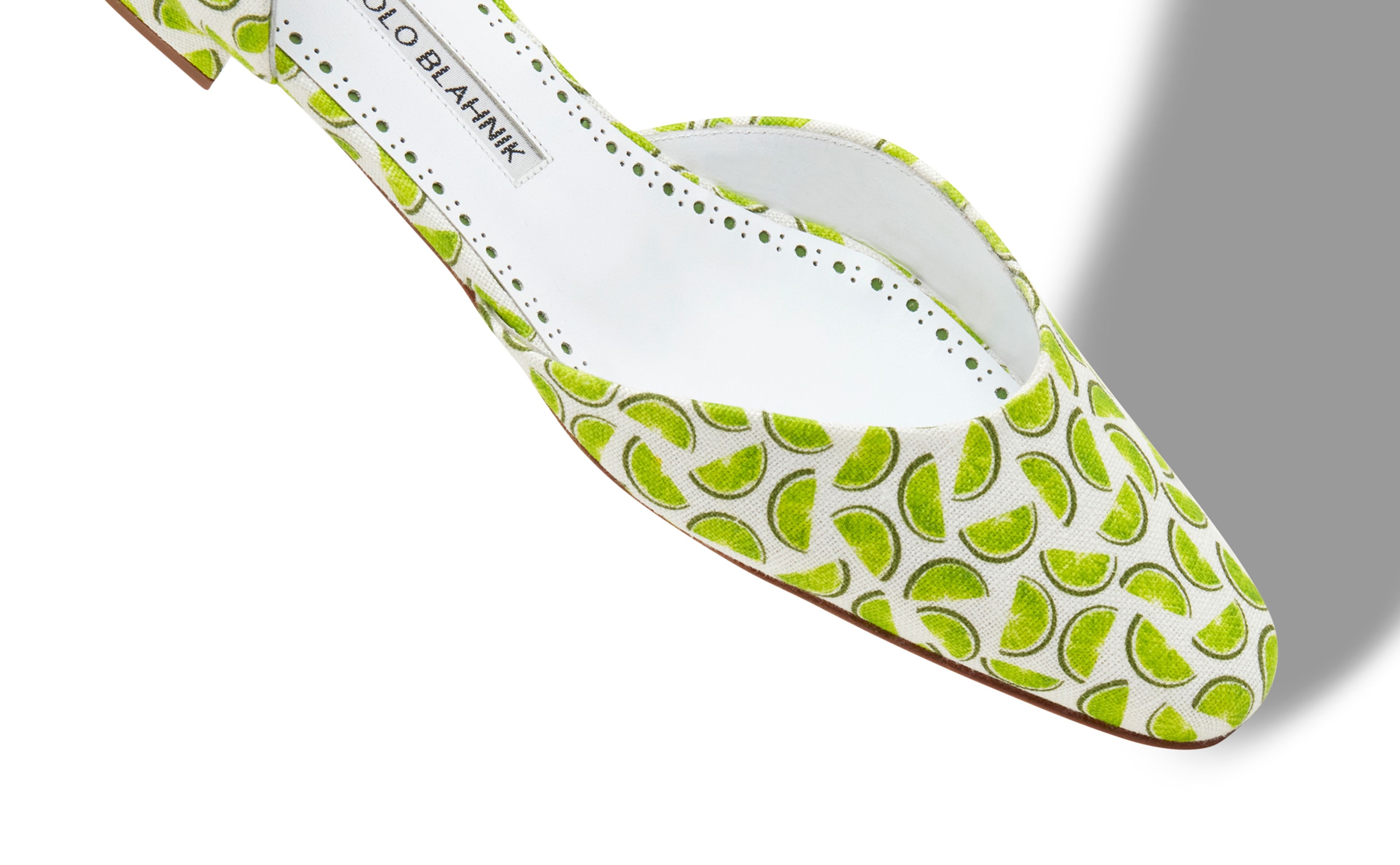 White and Green Printed Linen Flat Shoes - 4
