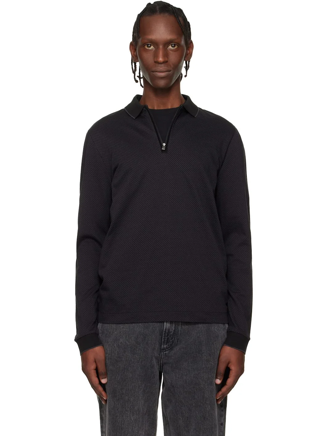 Black Two-Tone Structure Mercerised-Cotton Polo - 1
