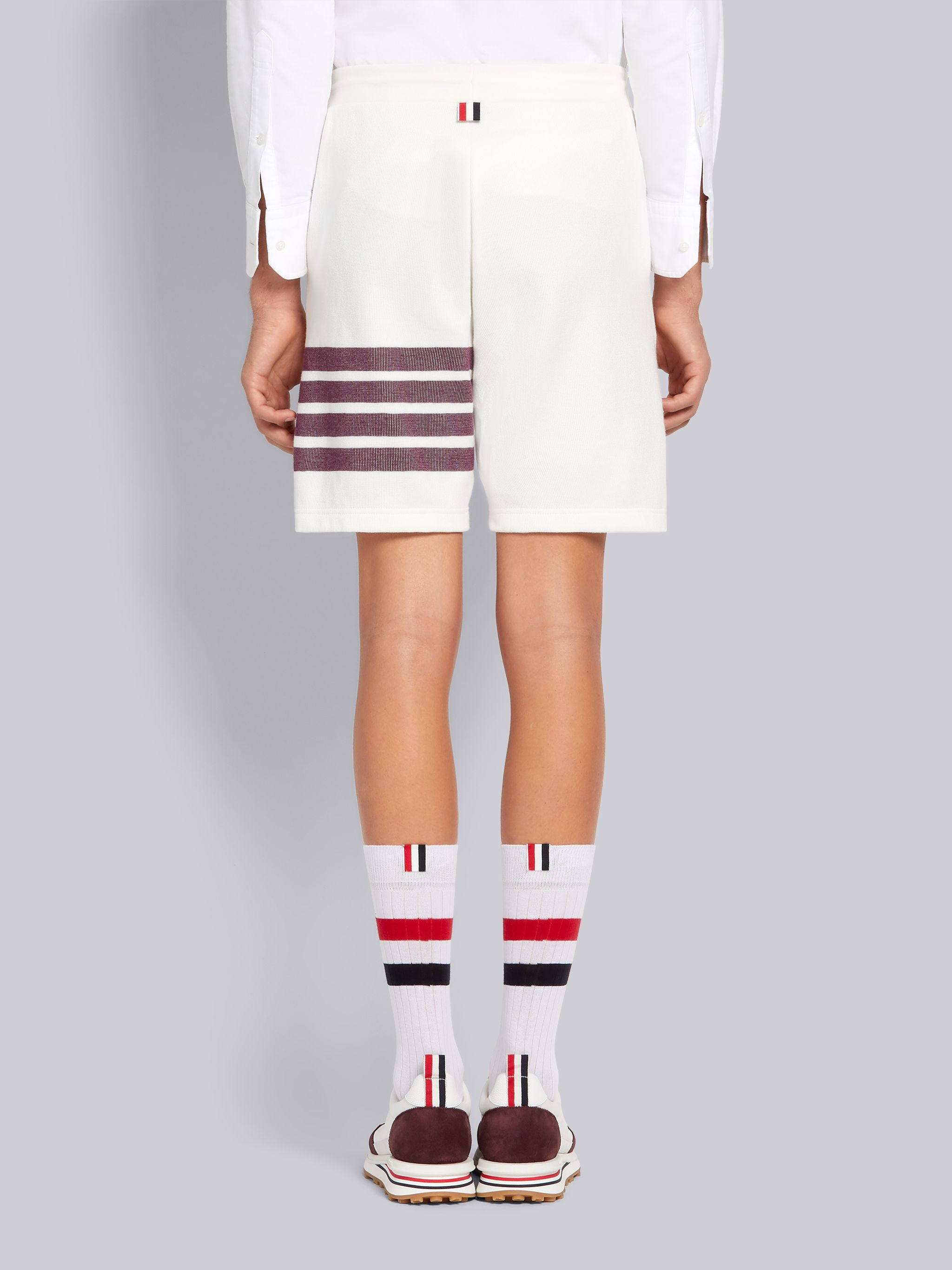 White Double Face Cotton Knit 4-Bar Stripe Sweat Shorts - 3