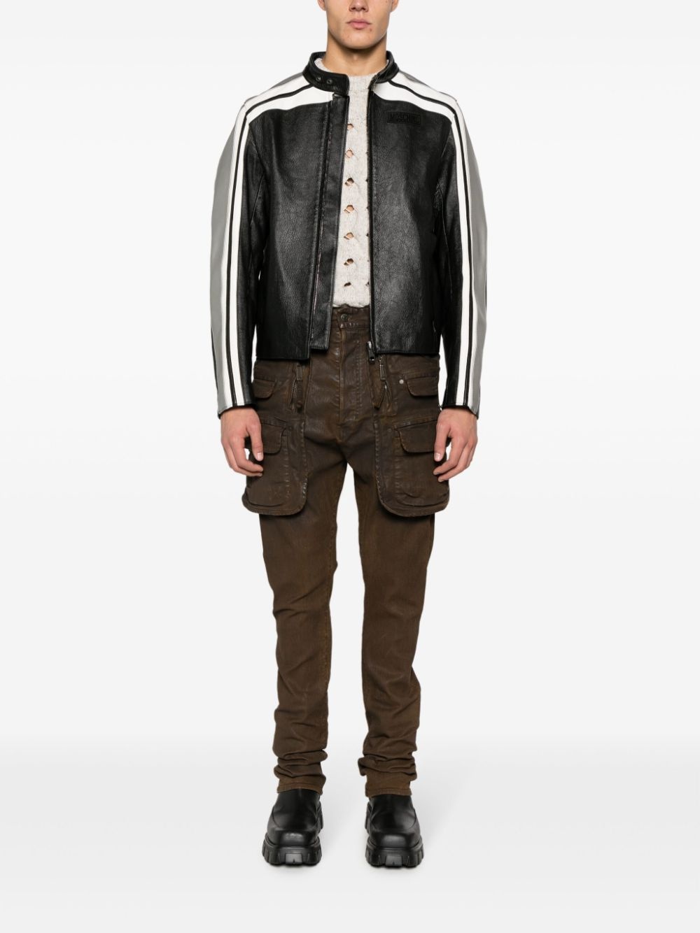 logo-patch leather biker jacket - 2