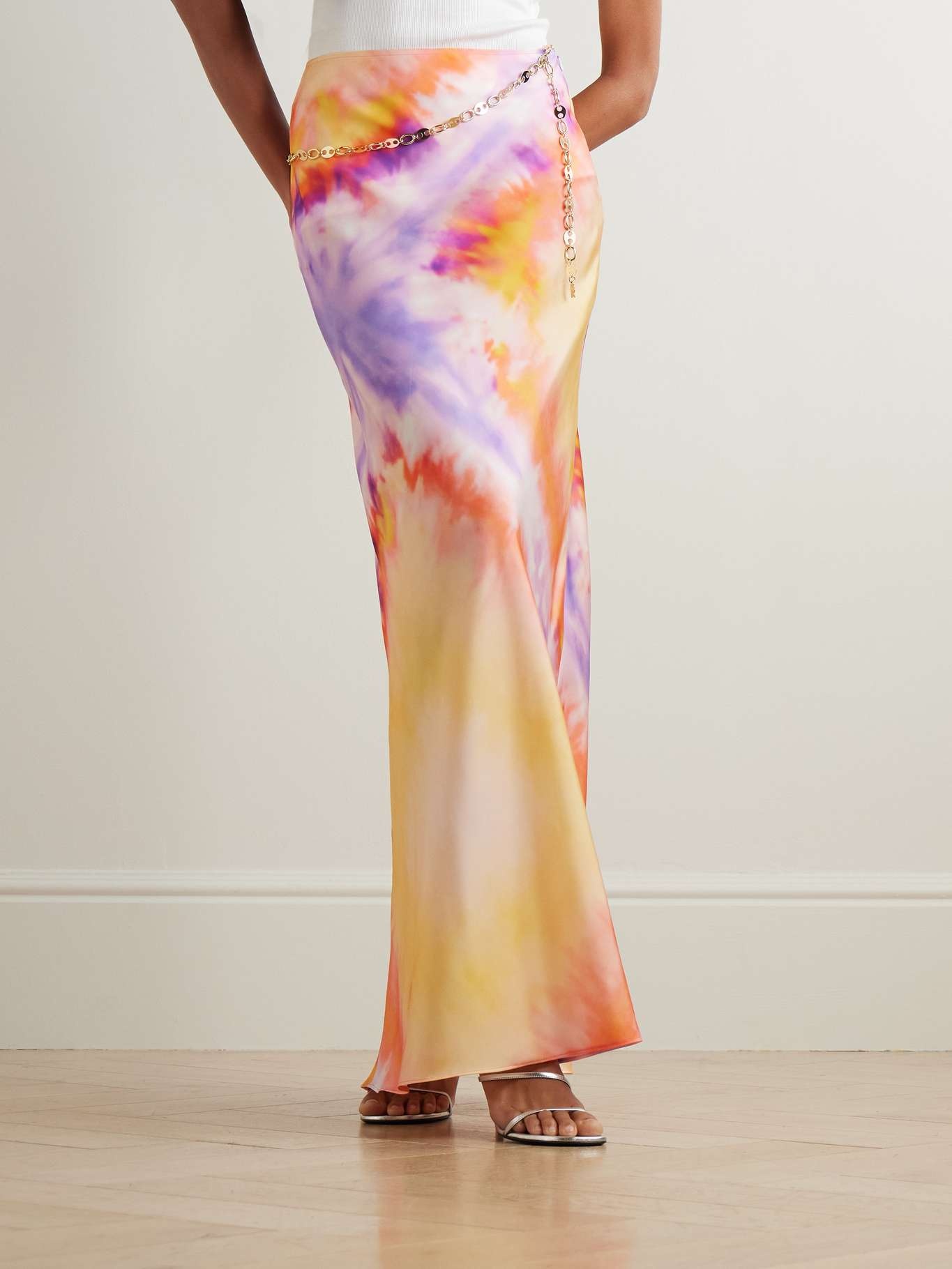 Chainmail-embellished tie-dyed satin maxi skirt Orange - 3