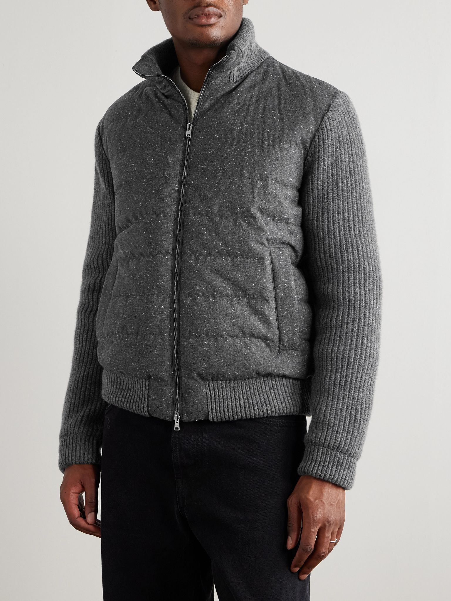 Quilted and Ribbed Wool-Blend Down Bomber Jacket Gray - 3