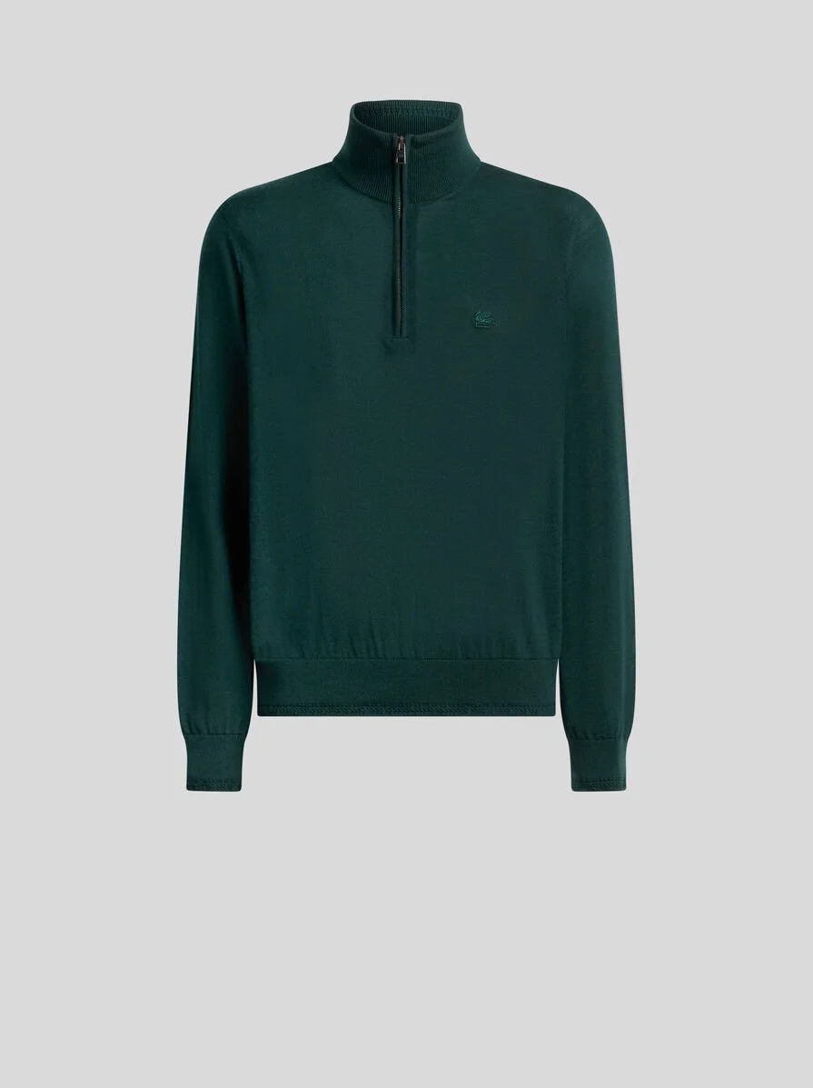 WOOL AND SILK SWEATER WITH ZIP AND PEGASO EMBROIDERY - 1