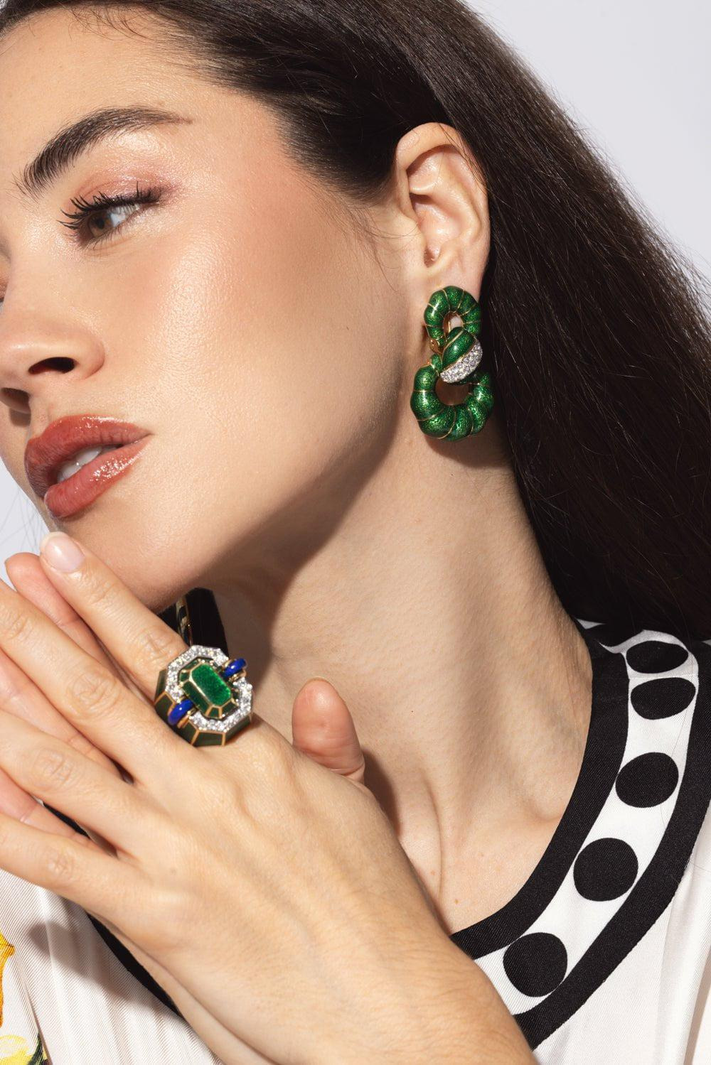 Green Enamel Fancy Hoop Earrings - 4