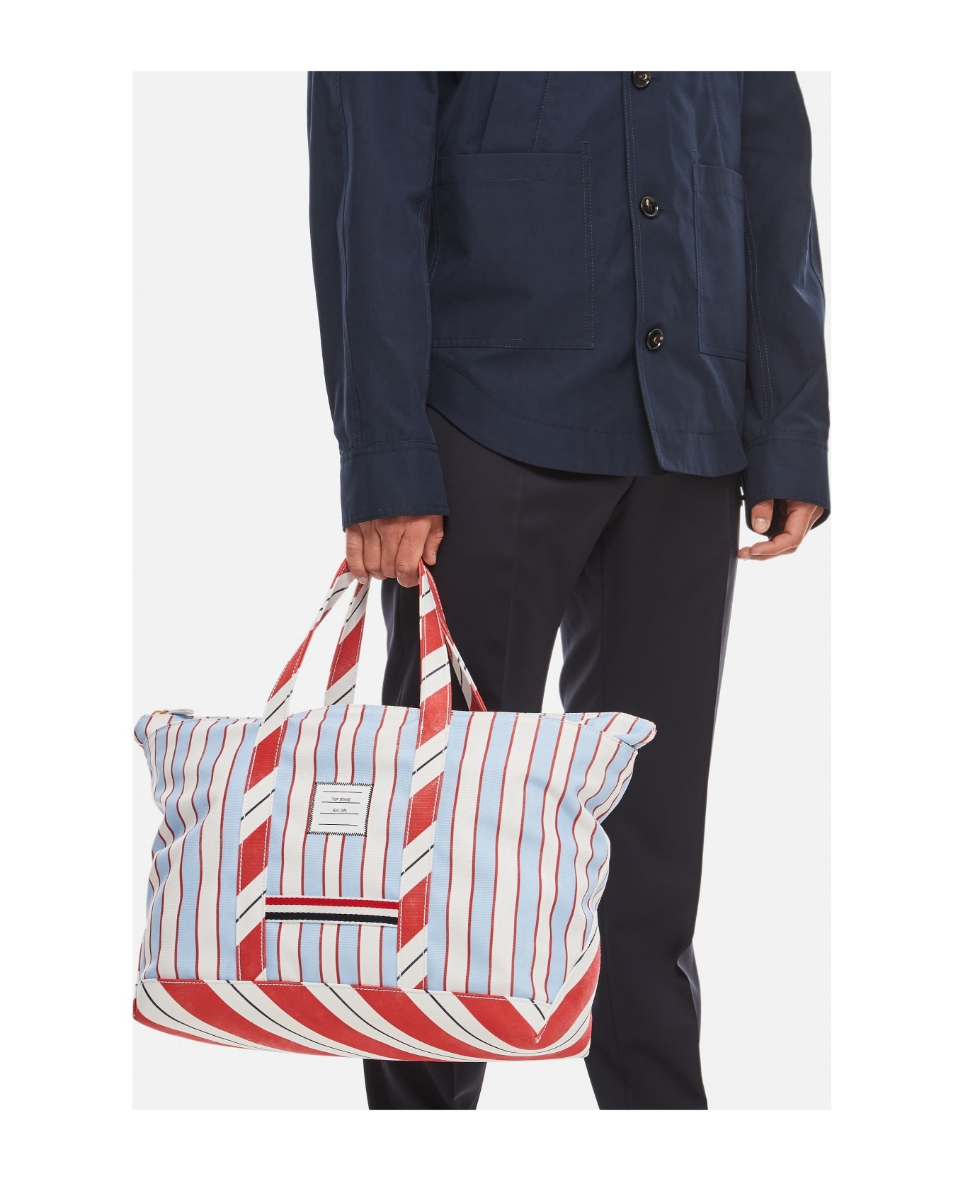 Thom Browne Medium Tool Tote In Washed Striped Canva