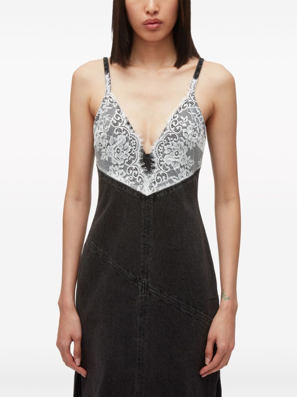 lace-trim denim slip dress - 5