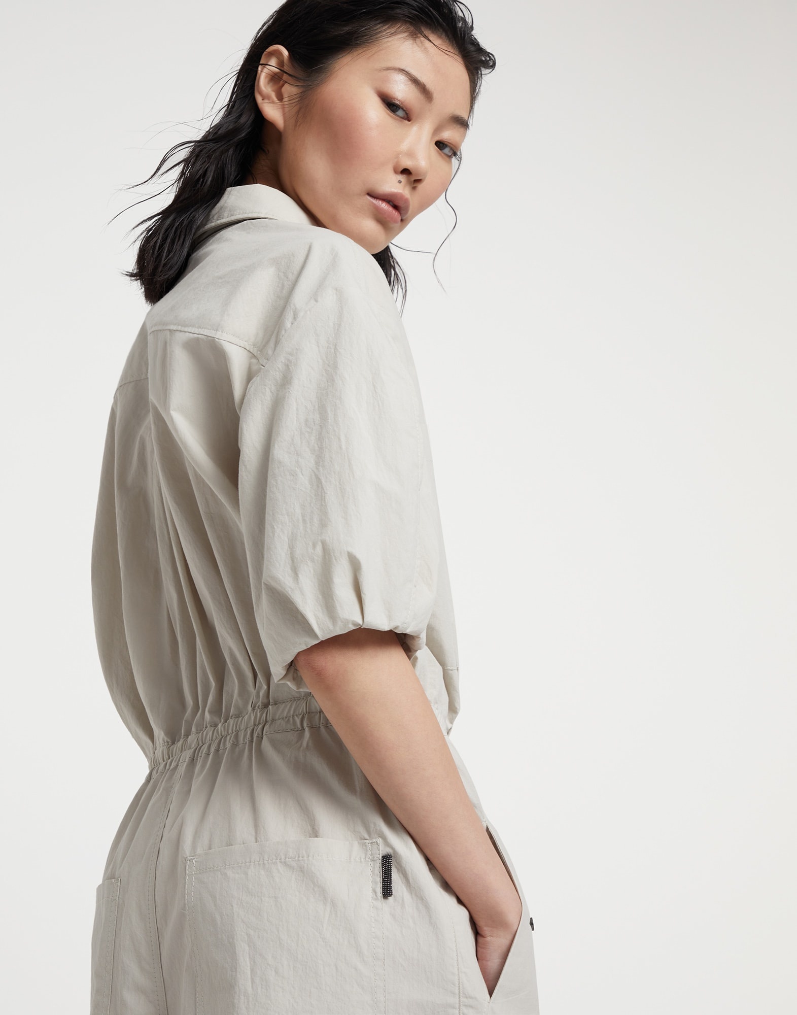 Lightweight wrinkled cotton poplin utility jumpsuit with monili - 3