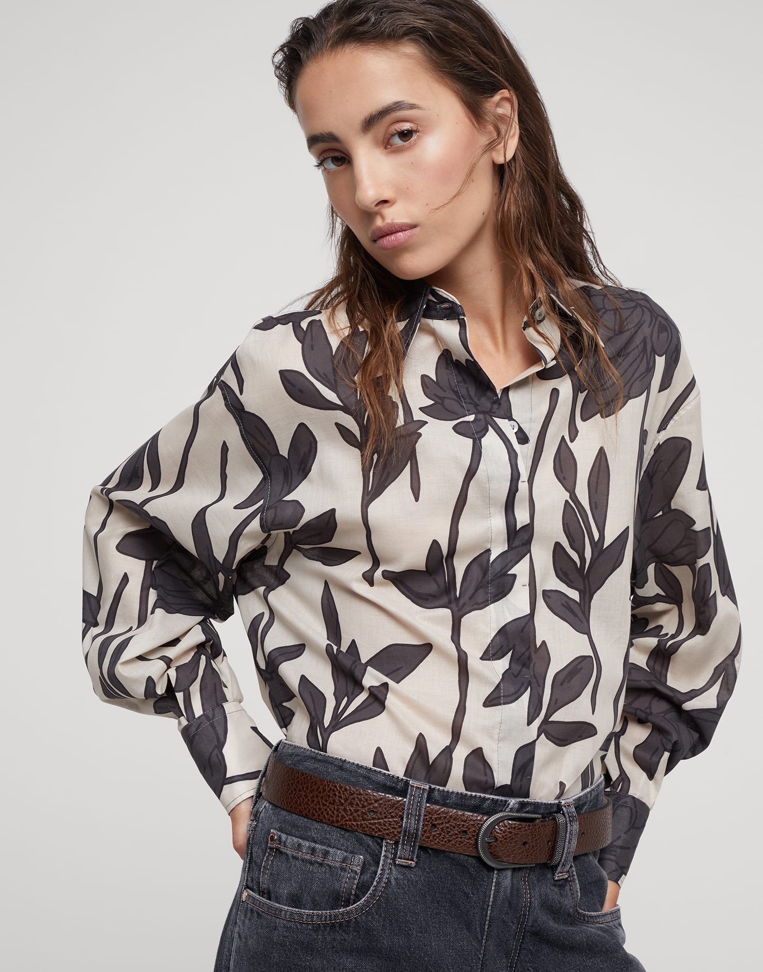 Cotton ramage print poplin shirt with monili - 4