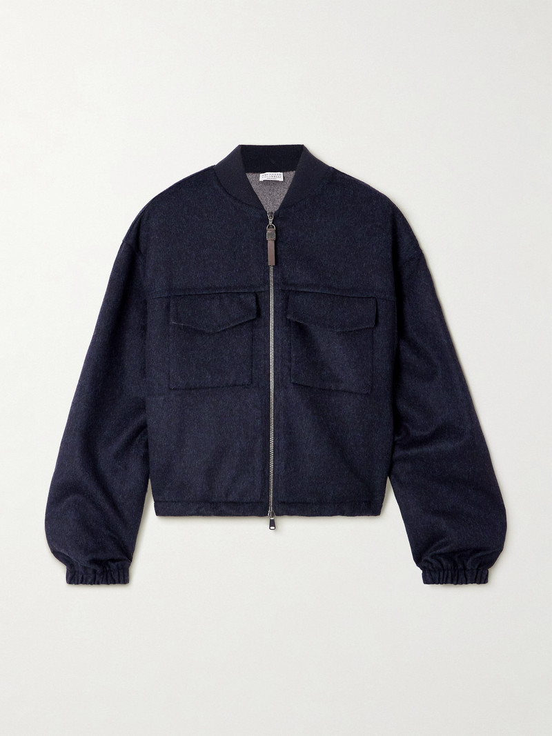Bead-embellished Leather-trimmed Wool Bomber Jacket 1