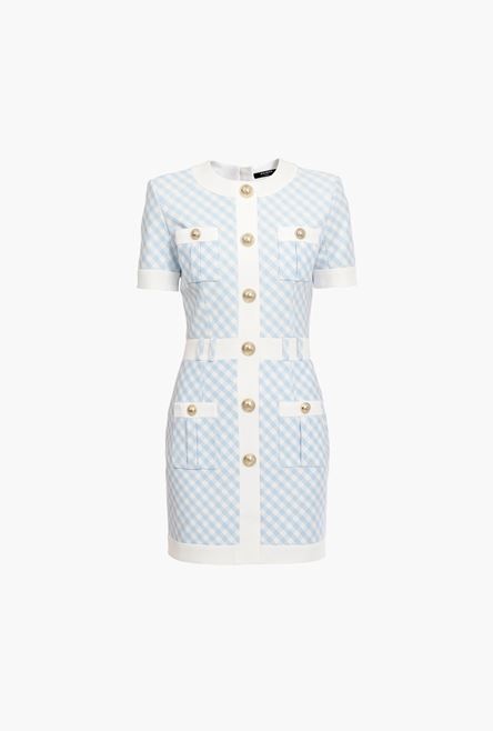 Short blue and white gingham-print cotton dress - 1