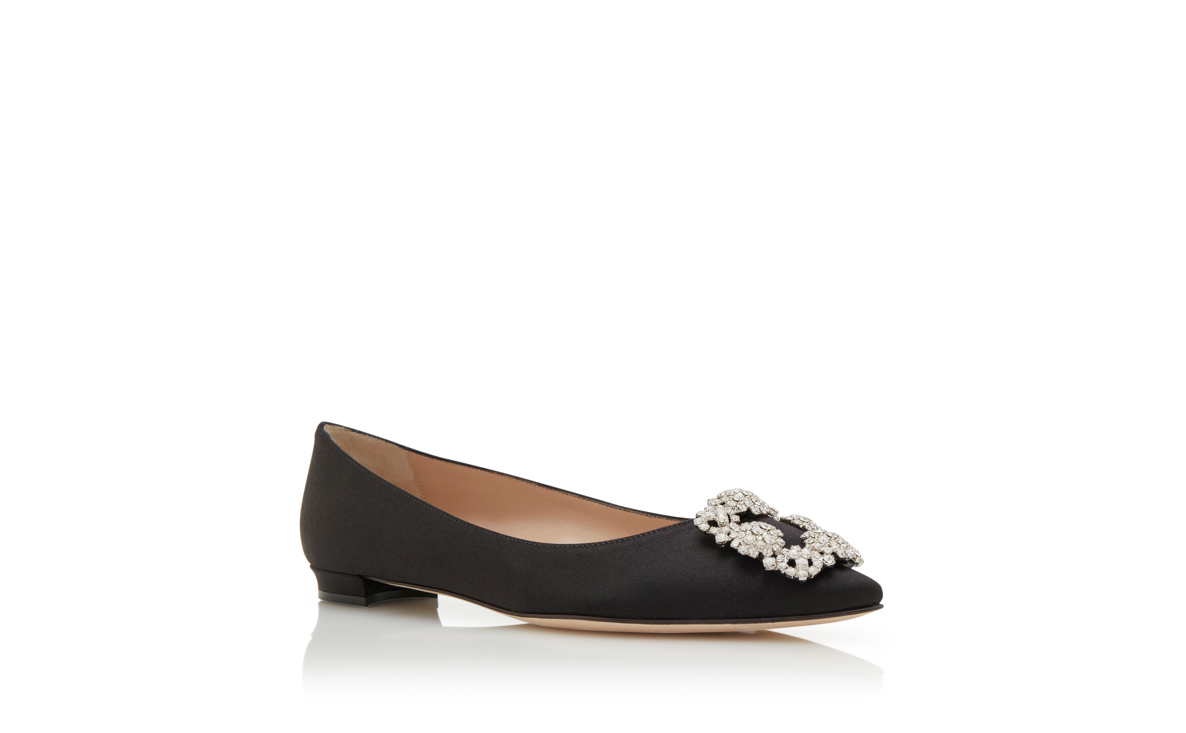 Black Satin Jewel Buckle Flat Pumps - 3