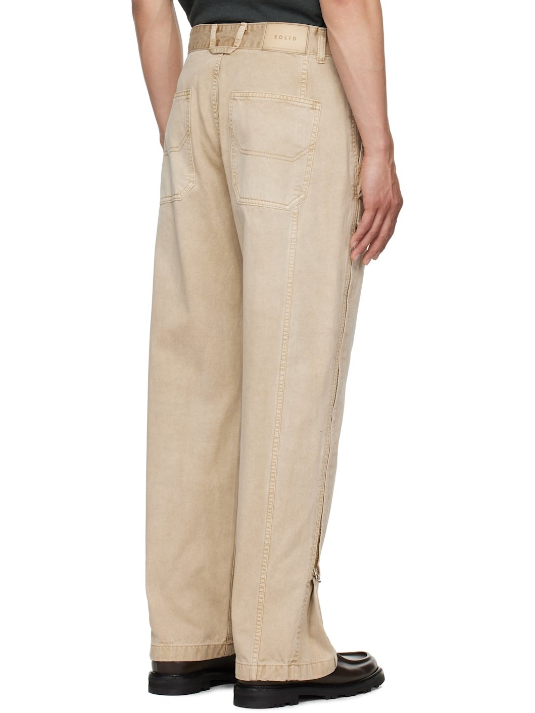 Beige Side Zipper Wide Trousers - 3