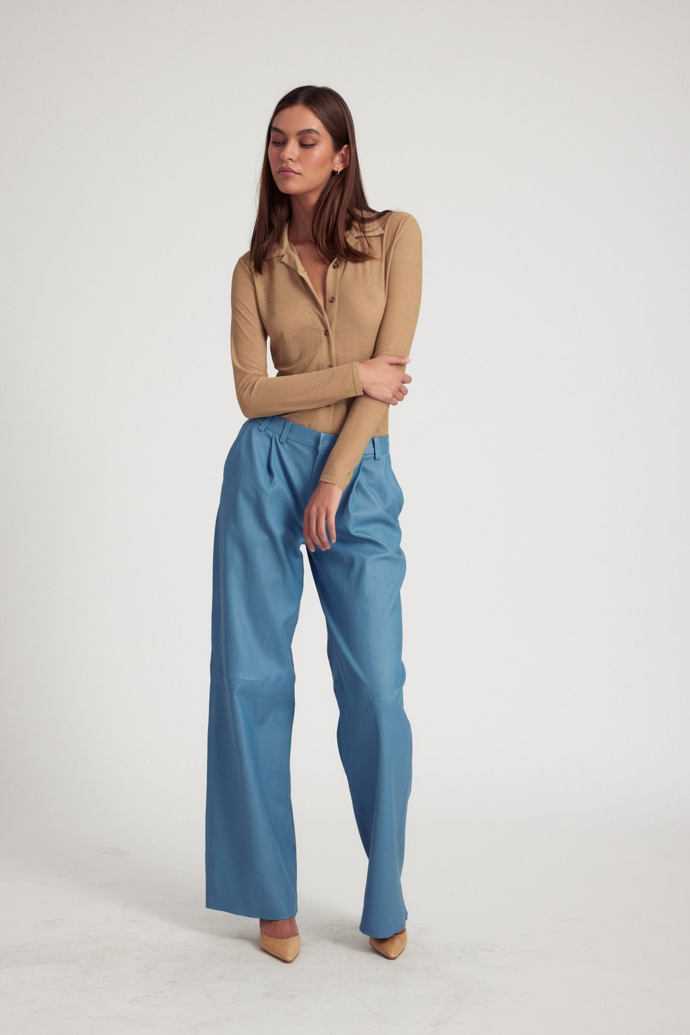 KHAKI KNIT MESH BUTTON DOWN - 2