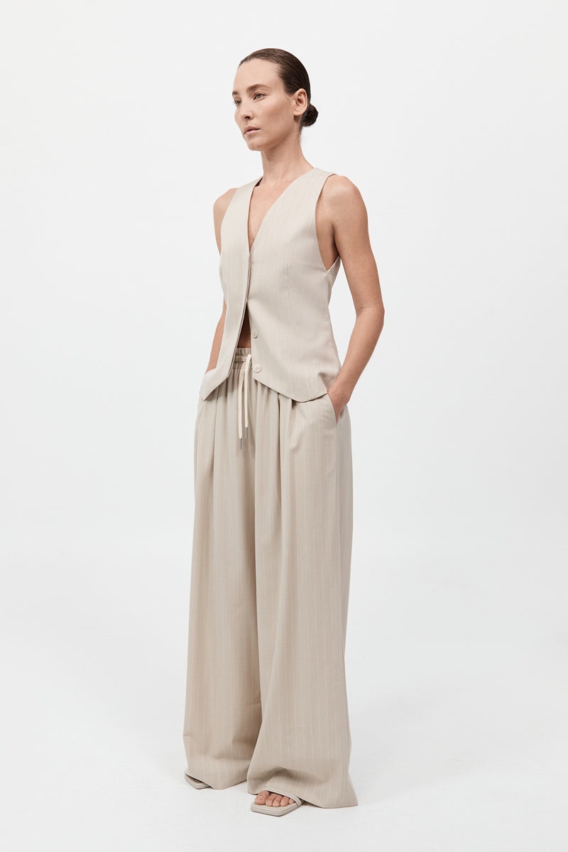 Pinstripe Wool Drawstring Pants - Latte - 3