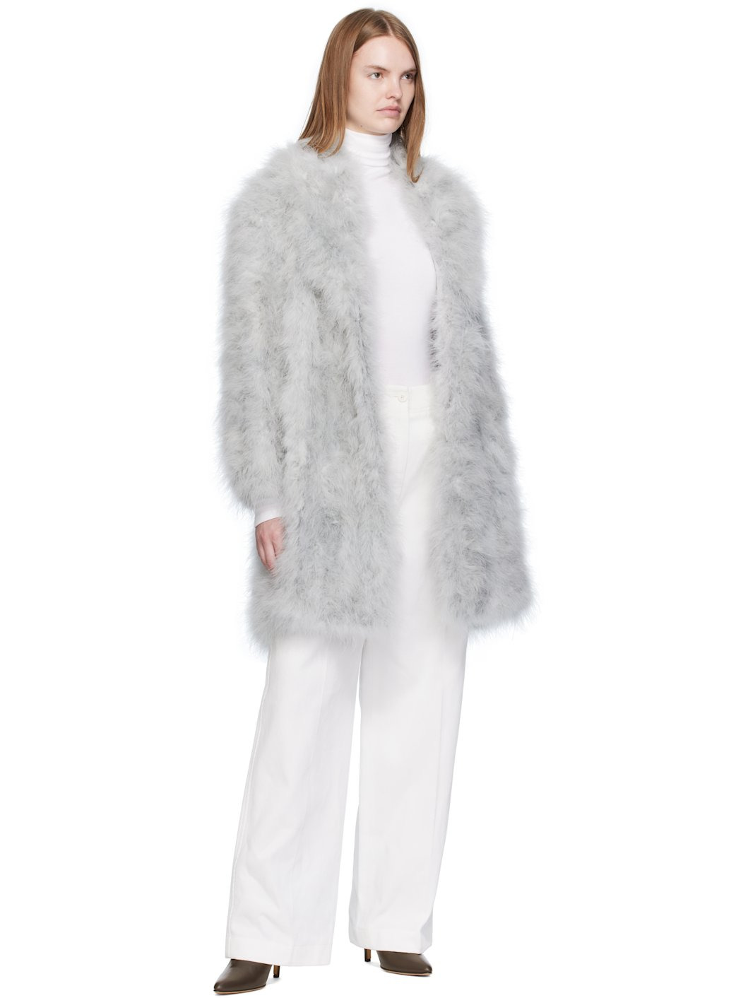 Gray Feather Shawl Collar Coat - 4