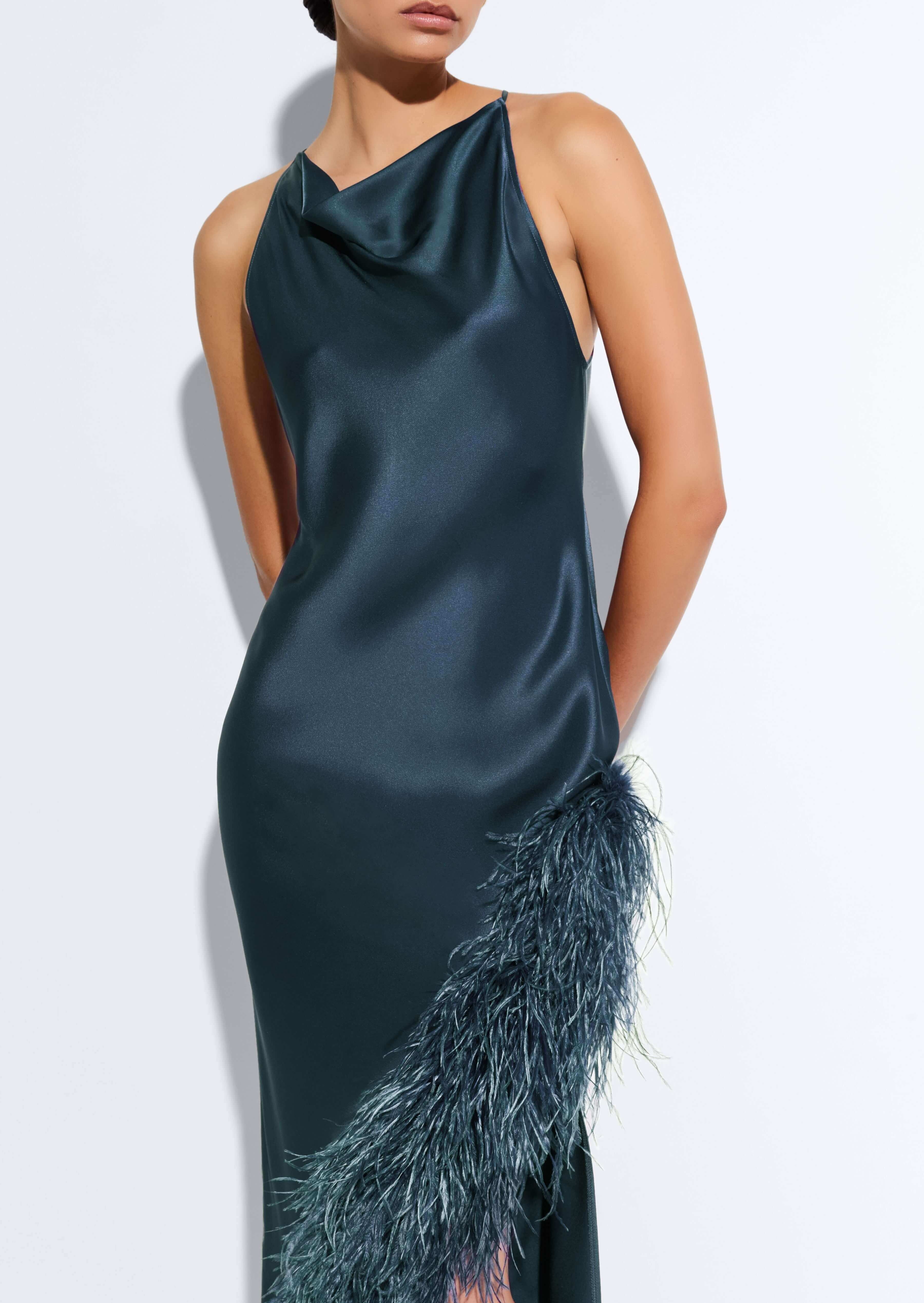 Satin Halter Gown With Feathers - 4