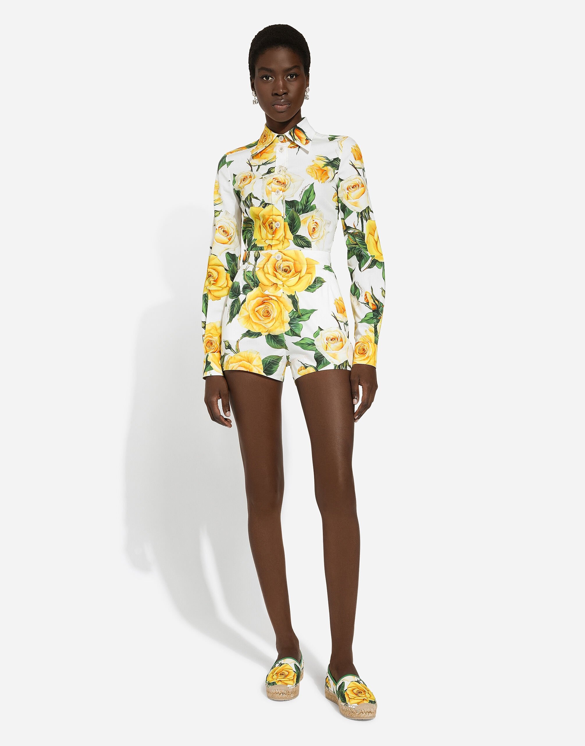 Long-sleeved cotton shirt with yellow rose print - 2