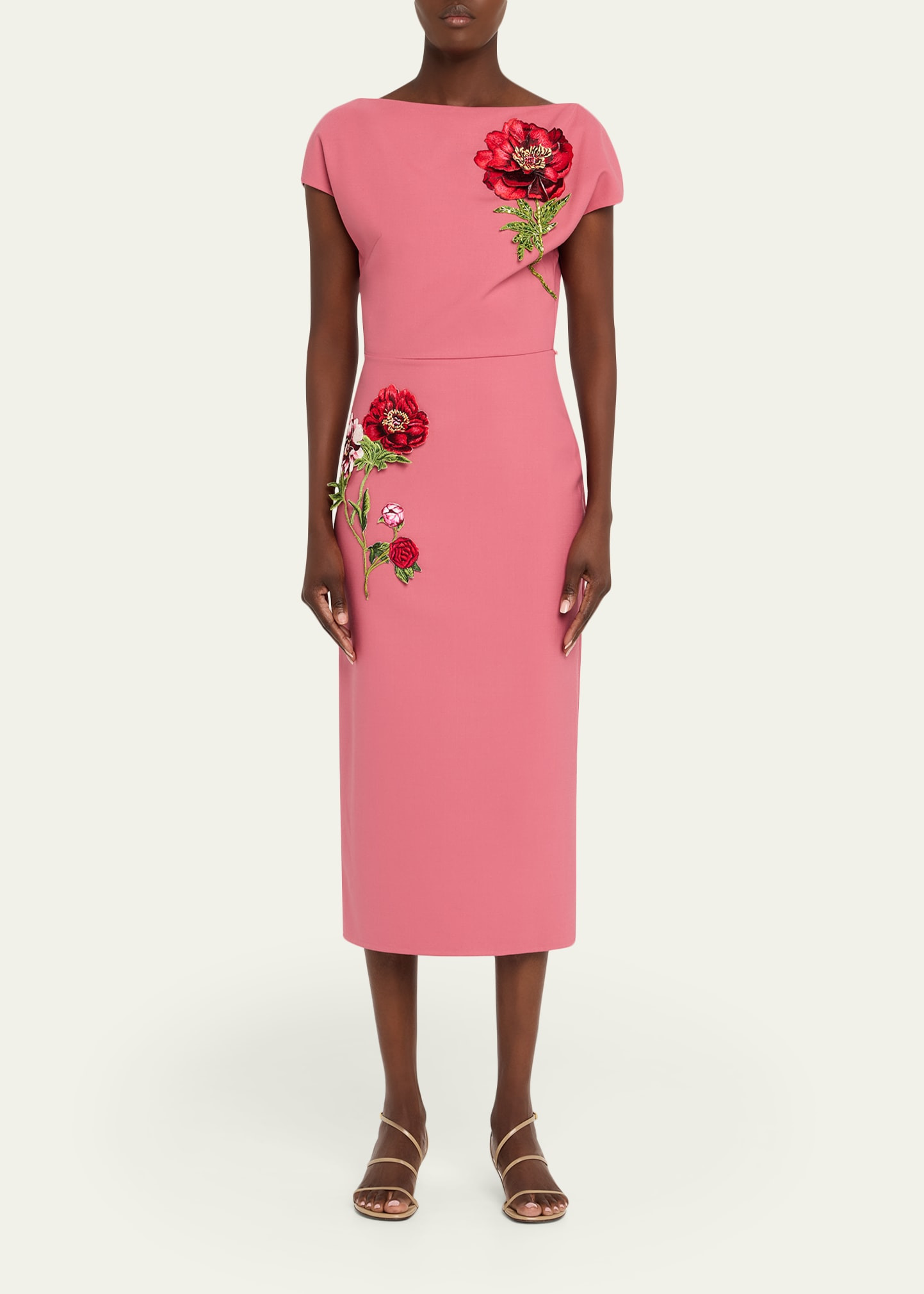Floral Embroidered Short-Sleeve Wool Midi Dress - 2