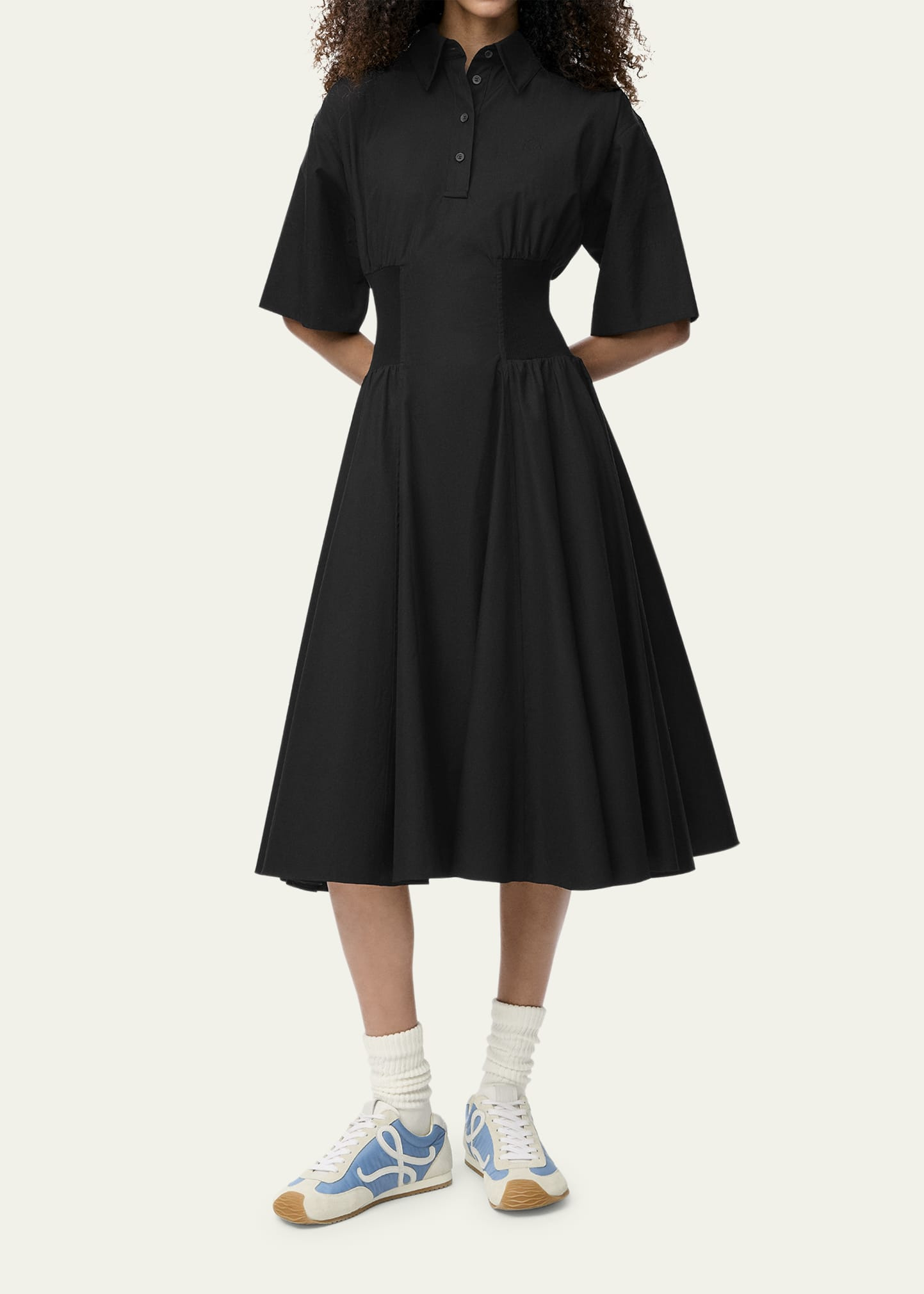 Short-Sleeve Cinched-Waist Poplin Midi Shirtdress - 2