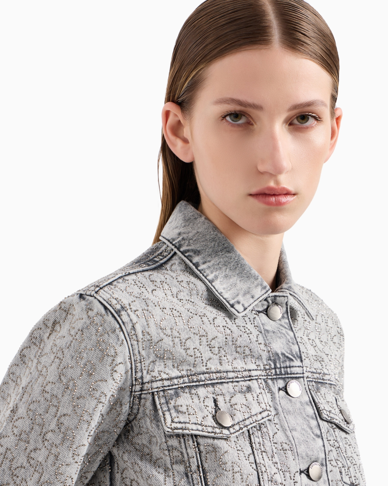 Cropped 12.5 oz denim jacket with all-over rhinestone logo - 5