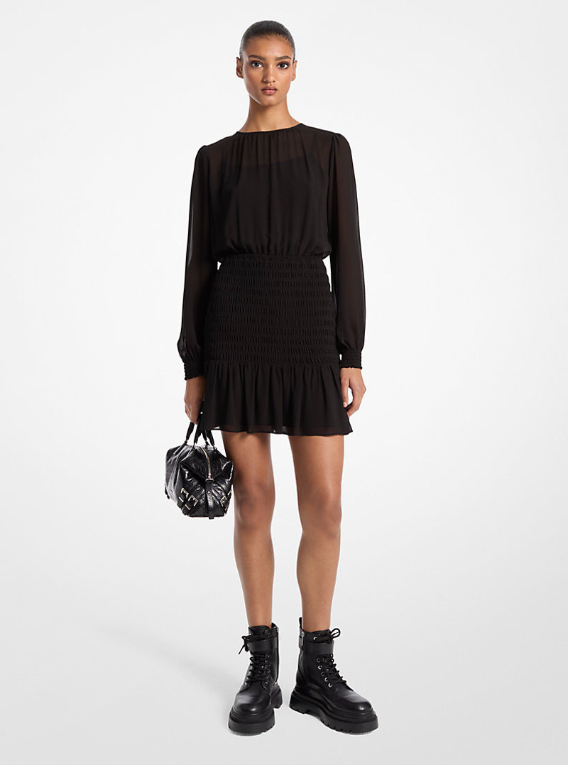 Smocked Georgette Long Sleeve Dress 1