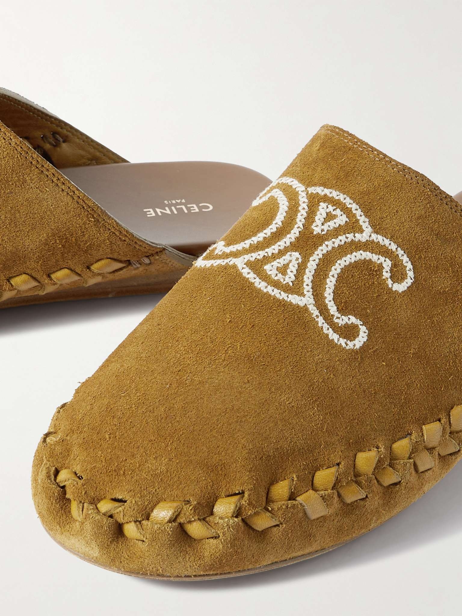 入手困難 CELINE レザートリム ロゴ刺繍 スエードミュール CELINE Leather-Trimmed Logo-Embroidered Suede Mules