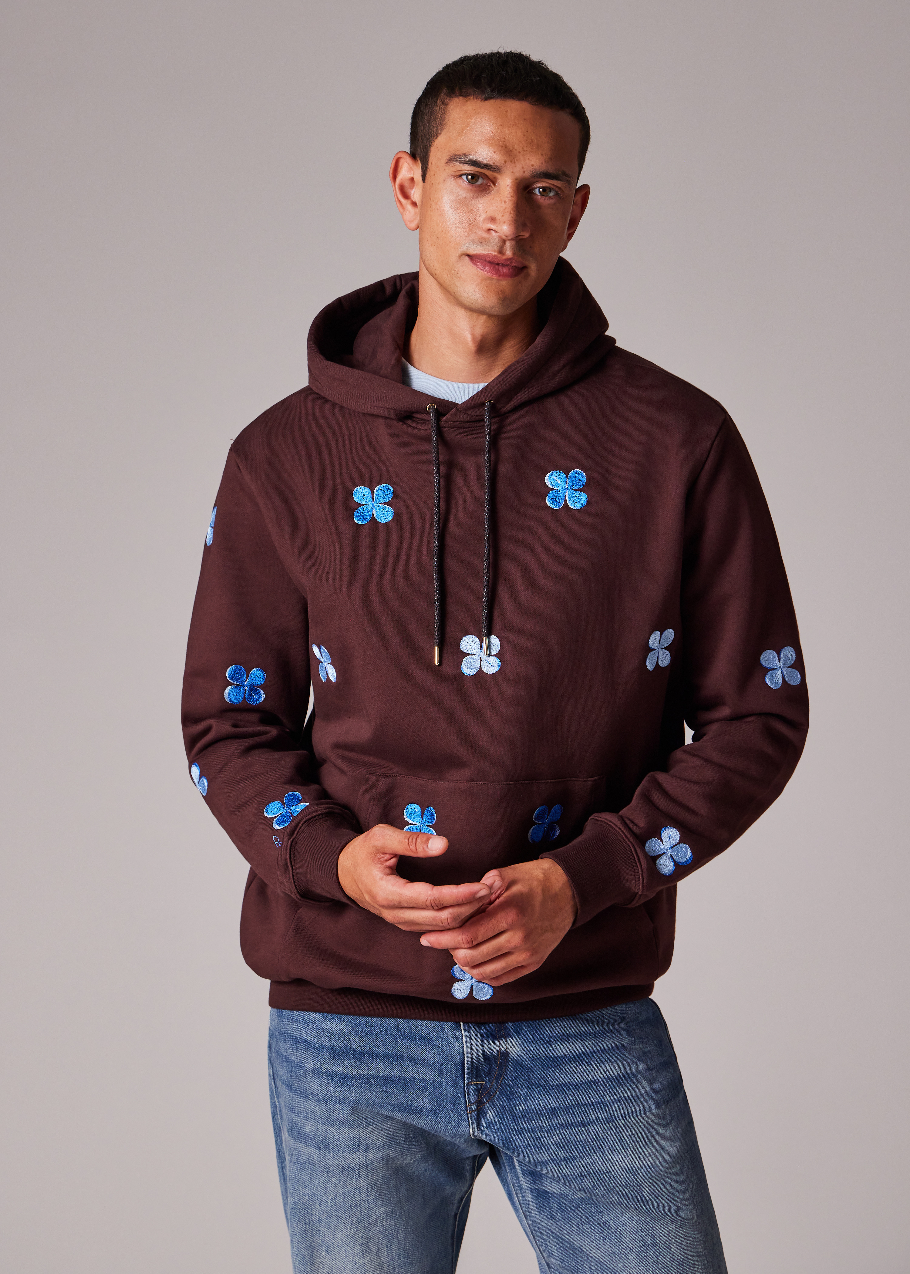 Burgundy Embroidery Floral Cotton Hoodie - 6