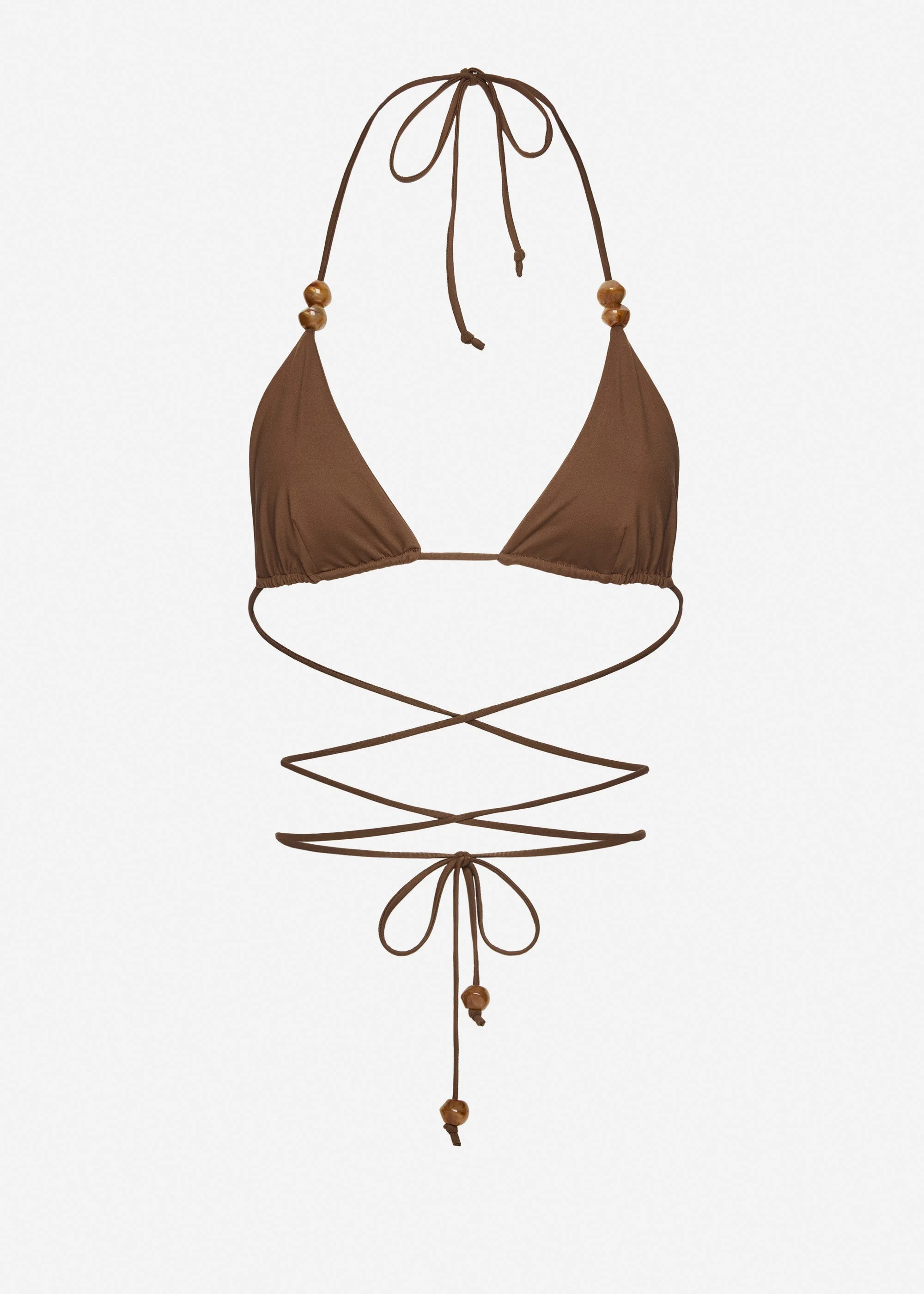 Strappy triangle bikini top in brown with beads - 1