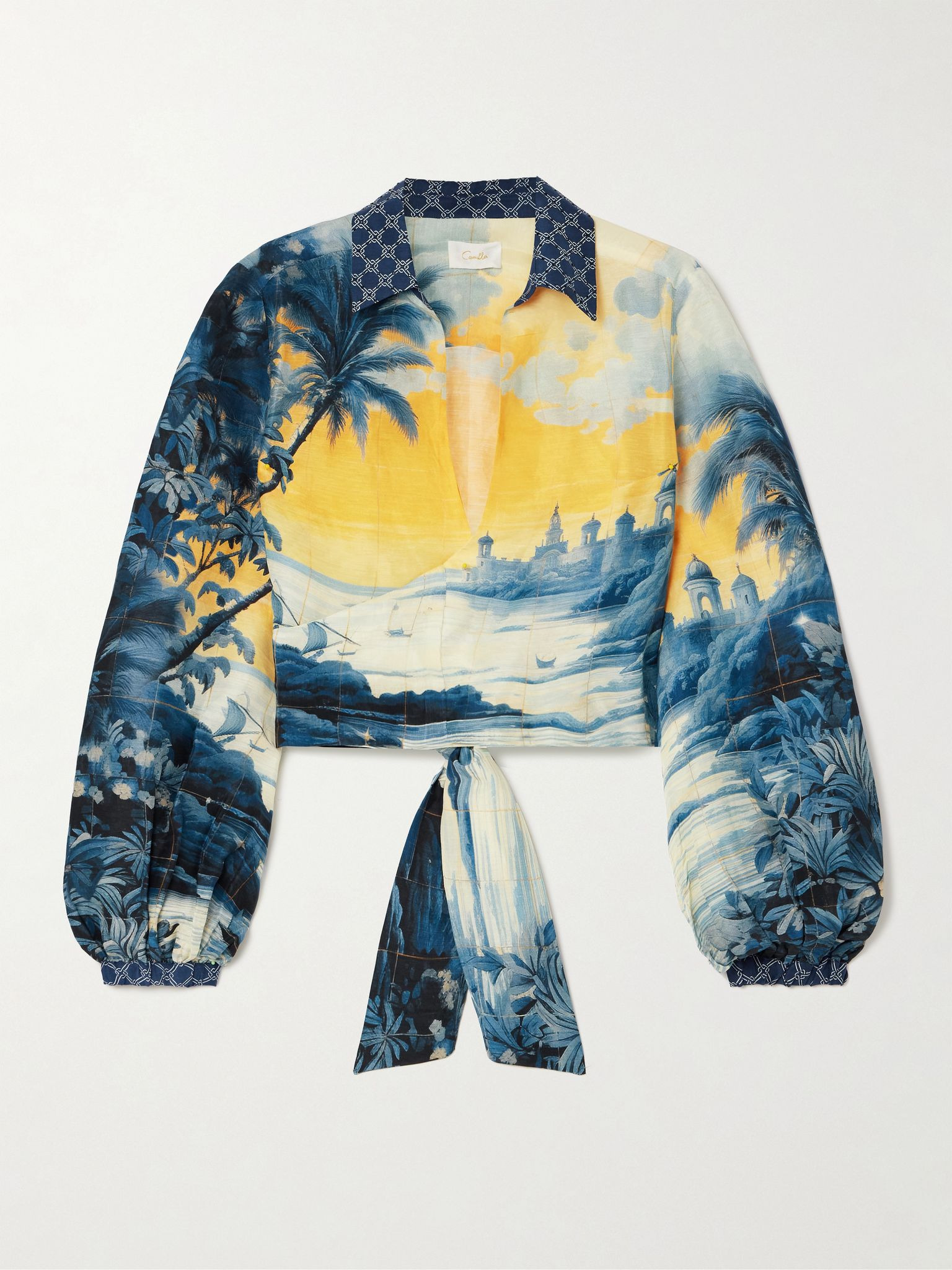 Cropped embellished printed linen and silk-blend wrap shirt Blue - 1