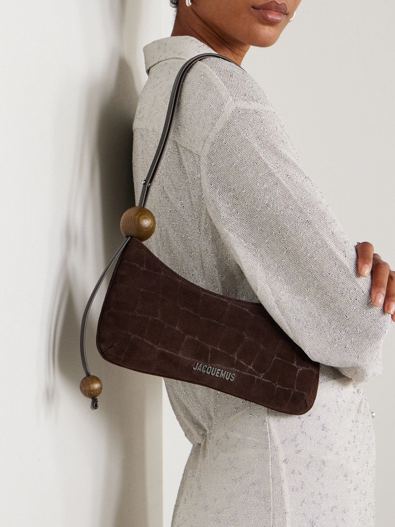 JACQUEMUS Le Bisou Perle embellished leather-trimmed croc-effect suede shoulder bag Brown outlook
