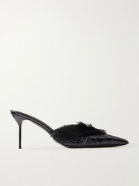 PARIS TEXAS Lidia 70 plush-trimmed croc-effect leather pumps Charcoal ...