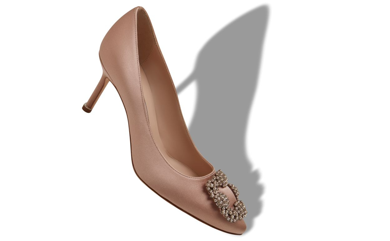 Beige Satin Jewel Buckle Pumps - 2