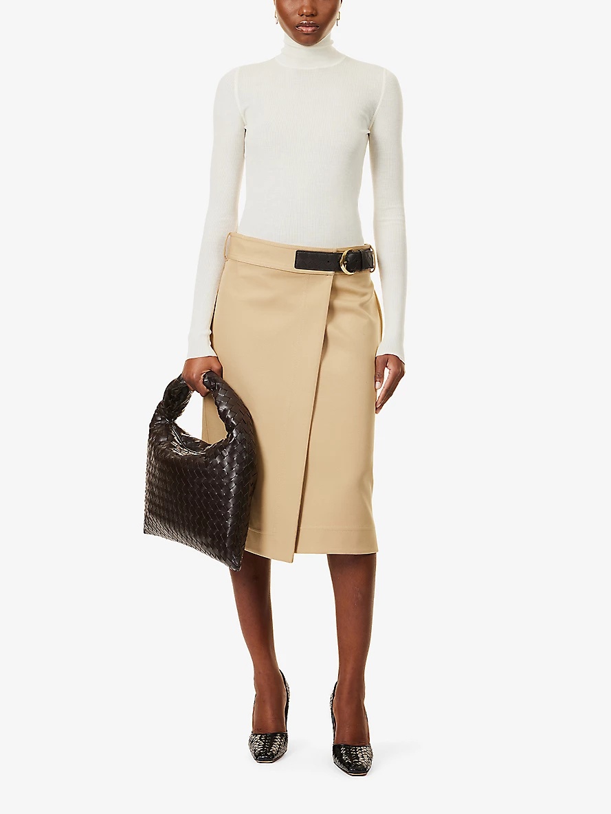 Intrecciato-trim wrap-front cotton midi skirt - 2