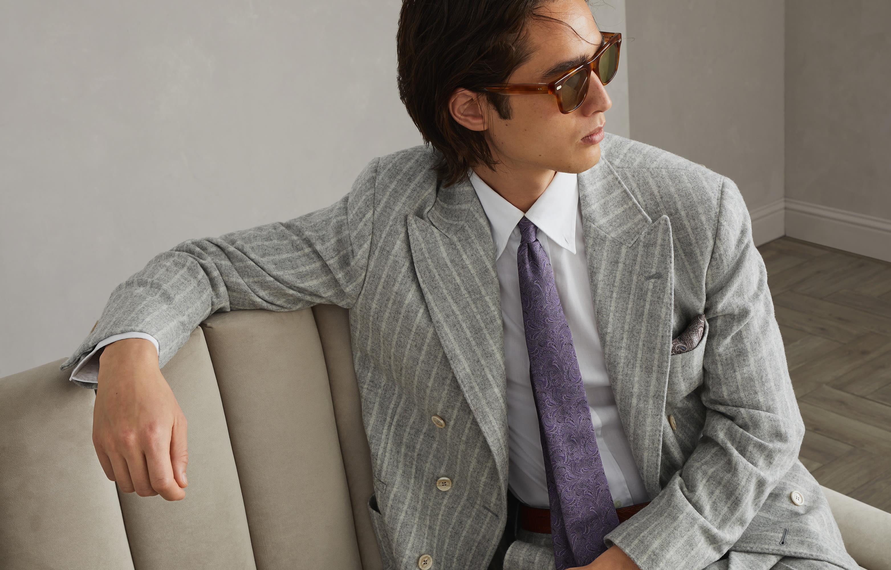 Comfort alpaca and wool chalk stripe Leisure suit: deconstructed one-and-a-half breasted jacket and  - 5