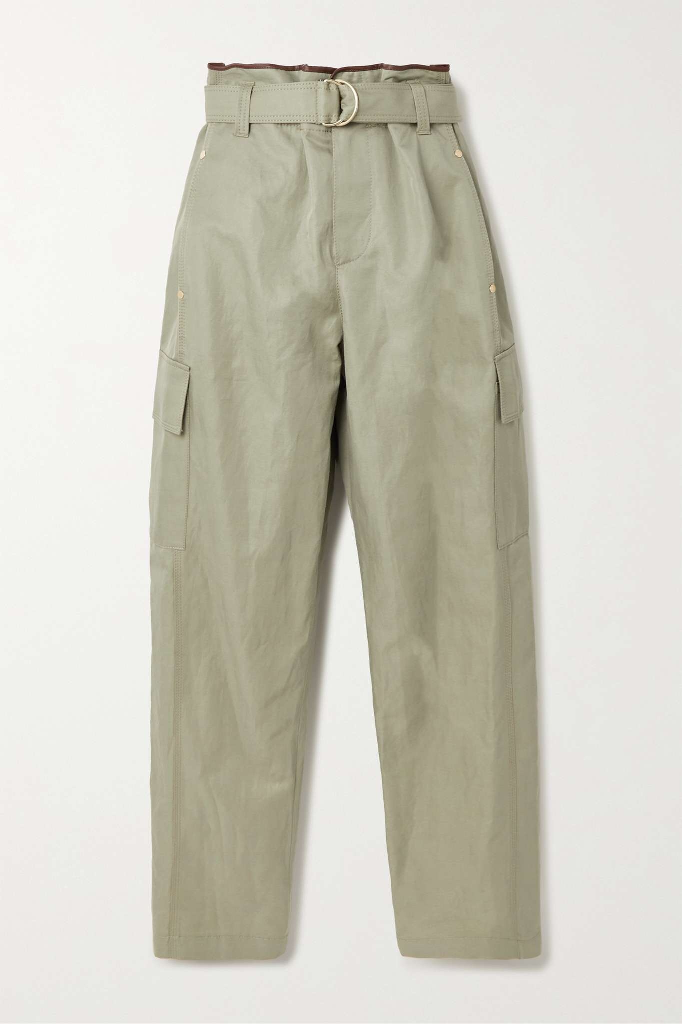 Belted cotton-blend gabardine straight-leg pants - 1