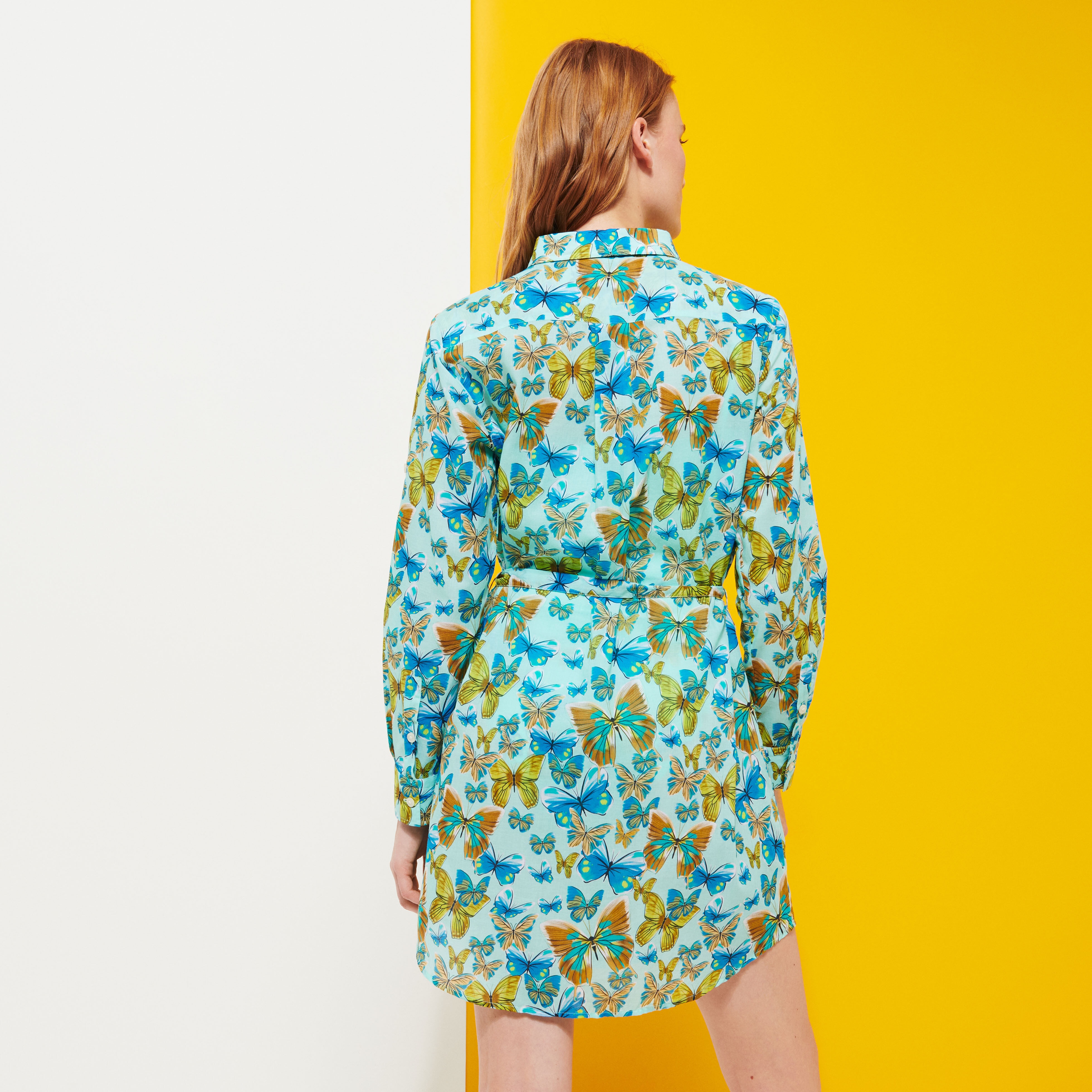 Women Cotton Shirt Dress Butterflies - 4