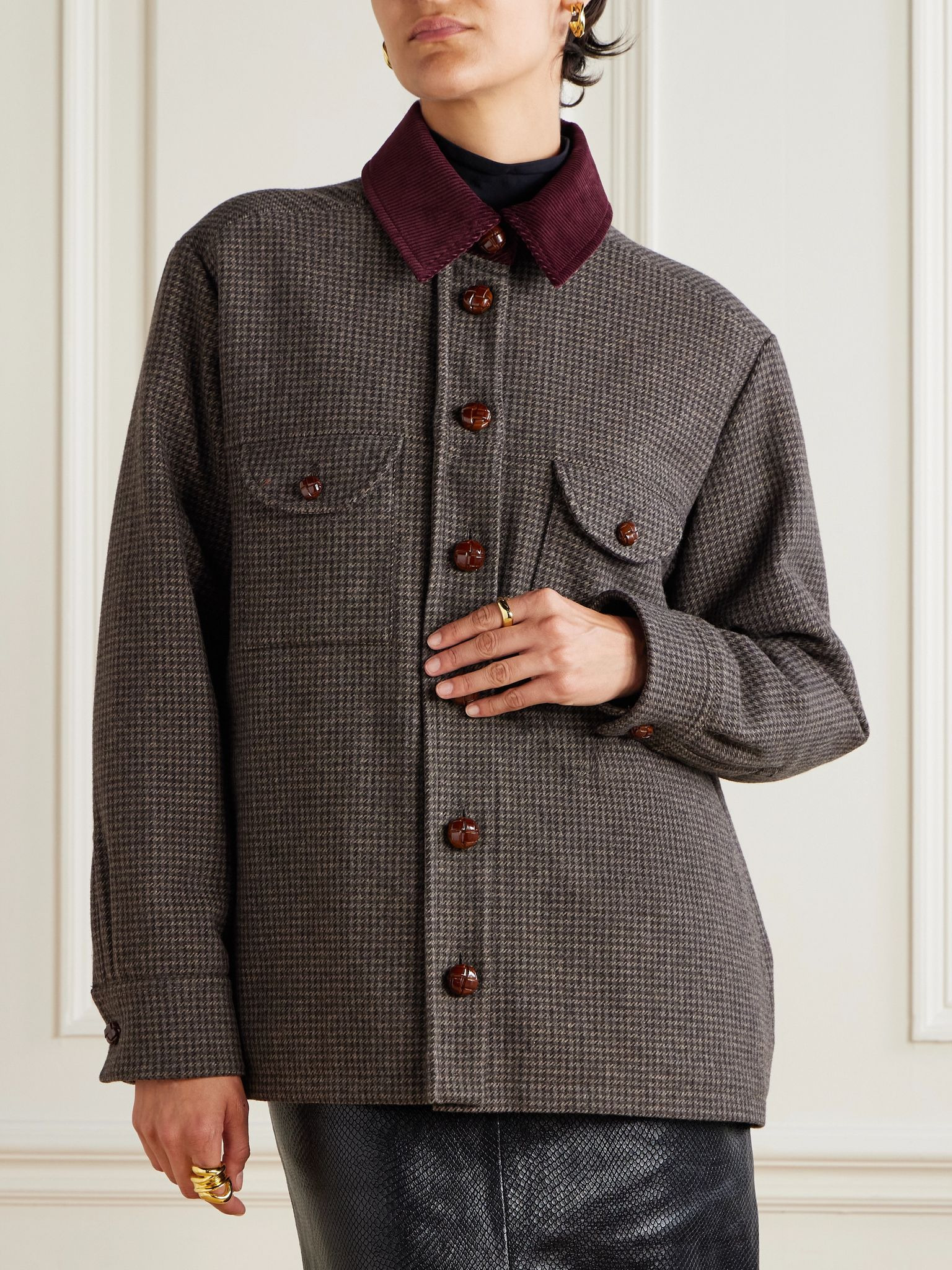 Badis Berber cotton corduroy-trimmed houndstooth wool-blend jacket Brown - 3