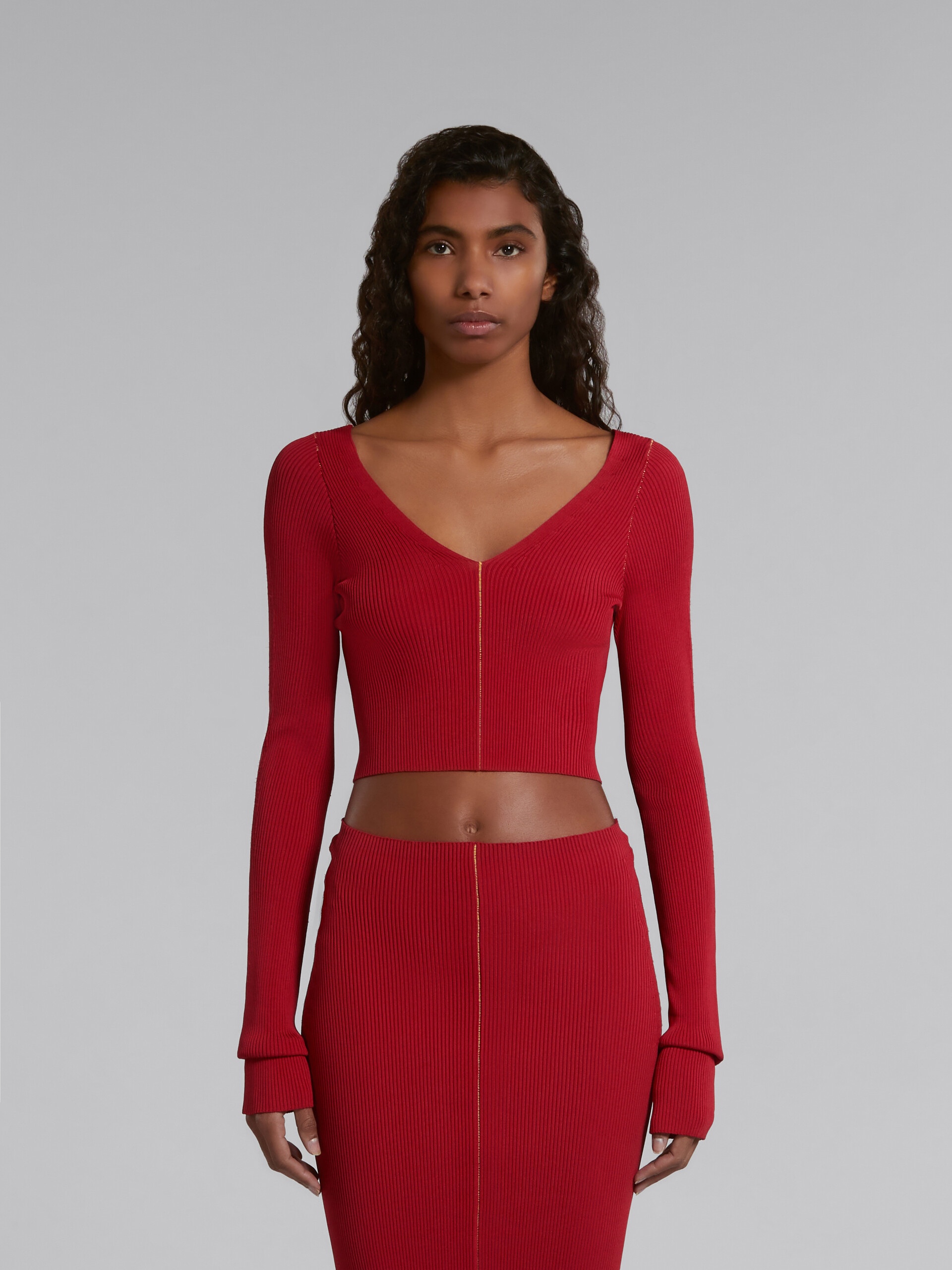 RED RIBBED JUMPER WITH V-NECK - 2