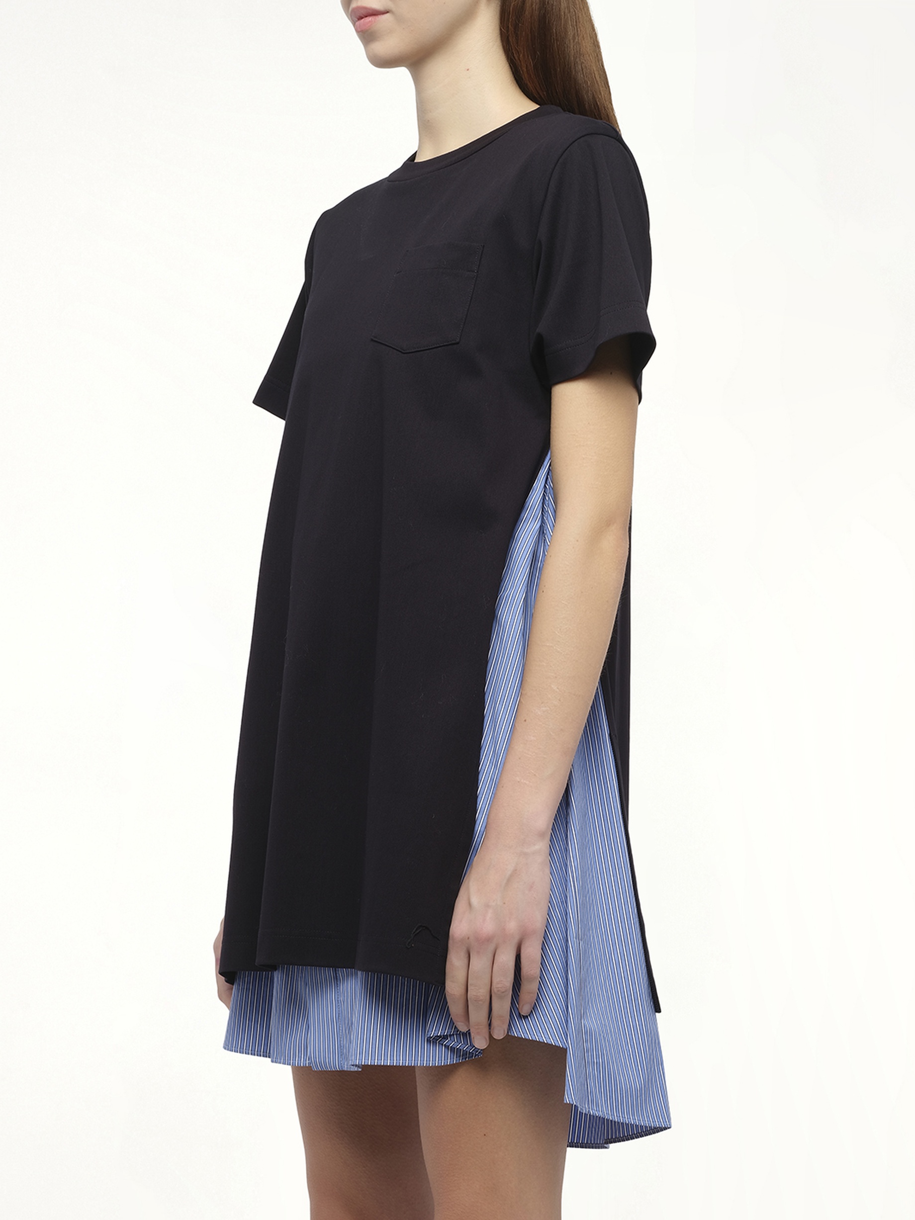 Poplin x Cotton Jersey Dress in Navy/Blue Stripe - 5